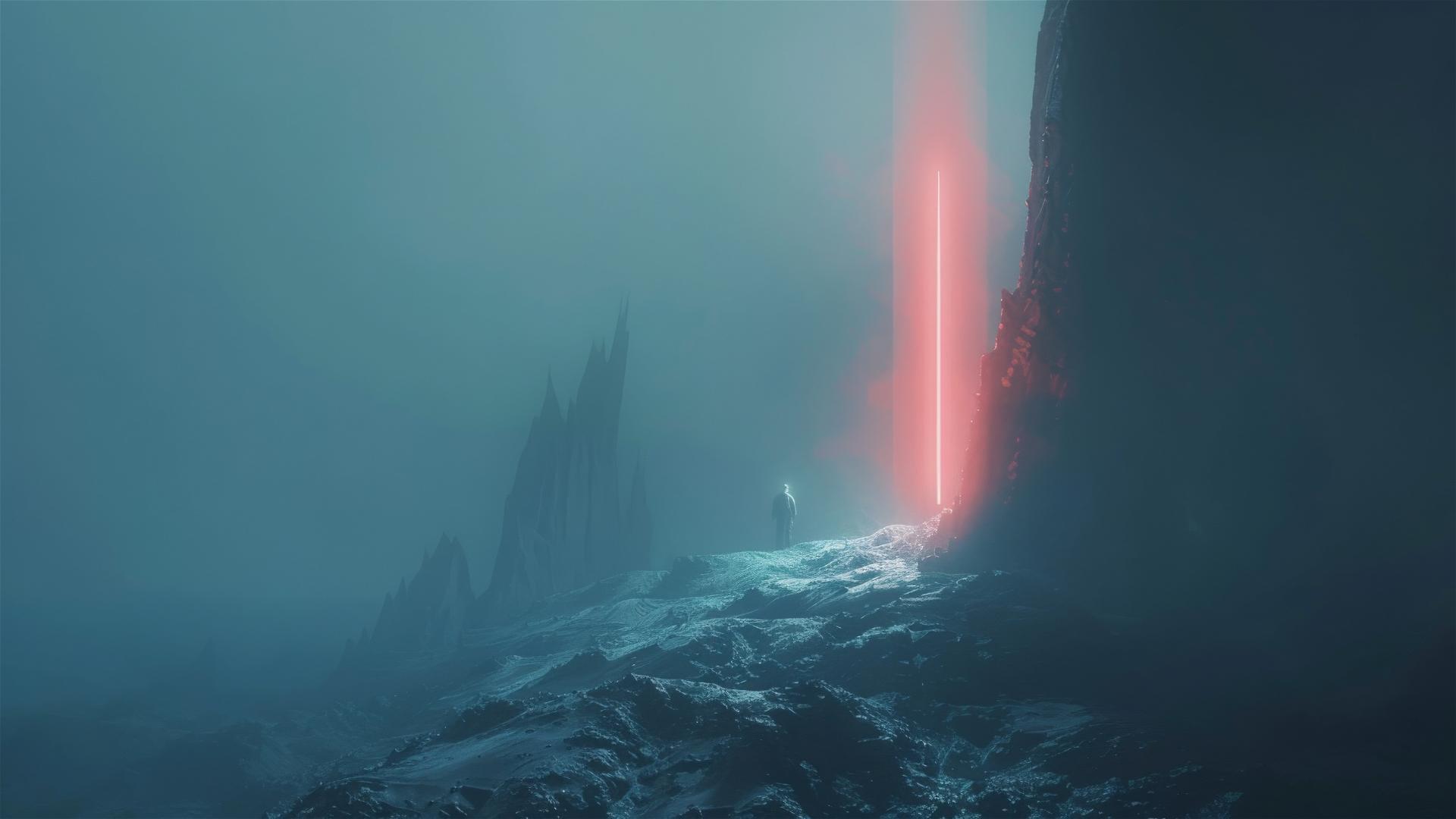 misty futuristic mountain beacon with volumetric LED light
