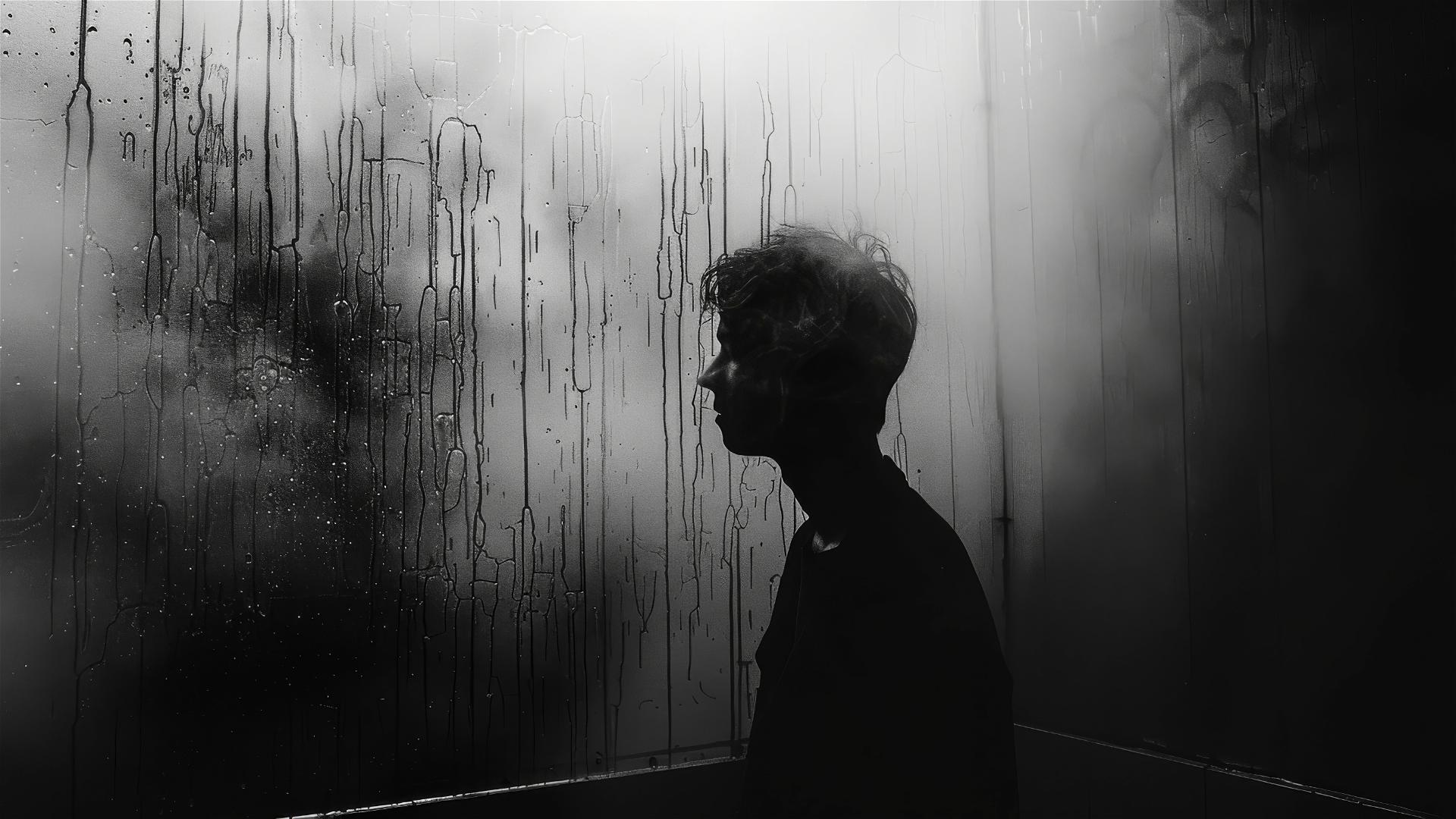 Silhouette through foggy glass in black and white