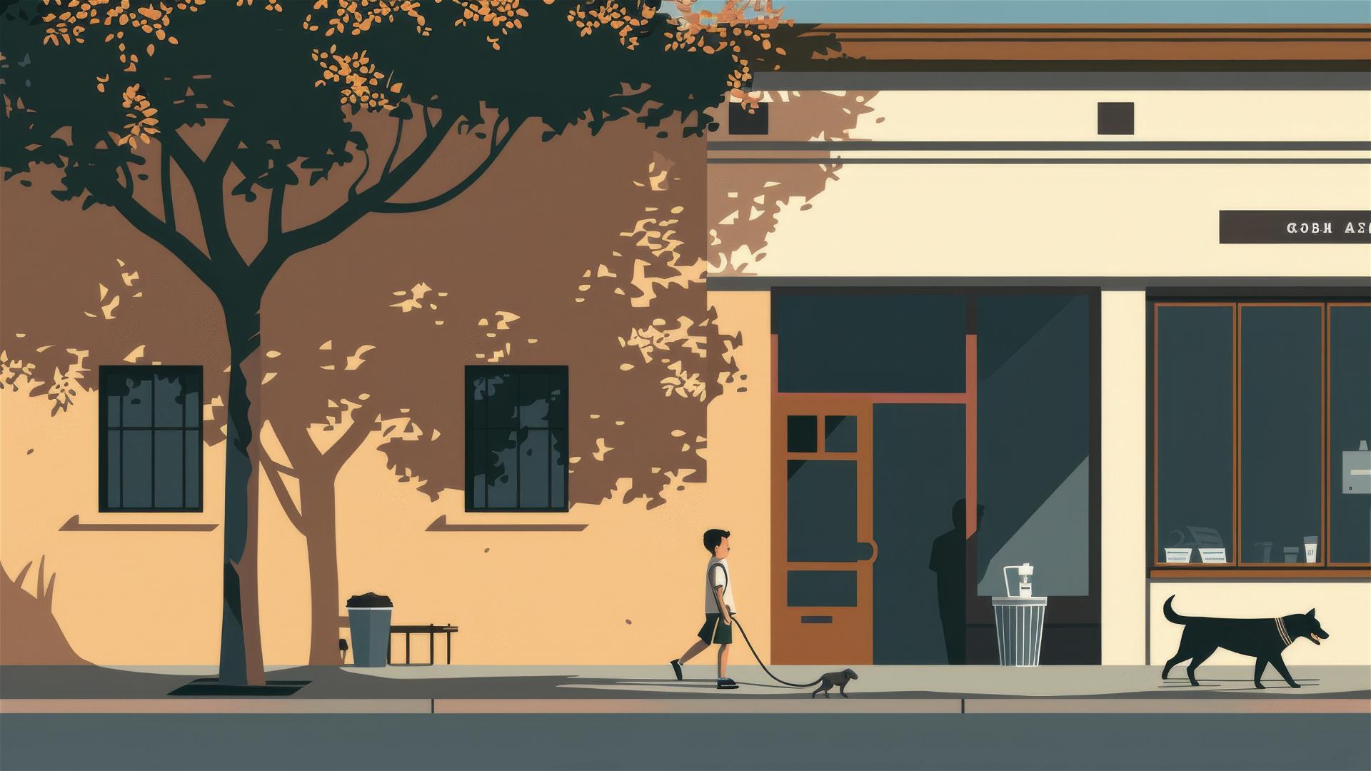 Boy walking Akita dog by a coffee shop with tree shadows