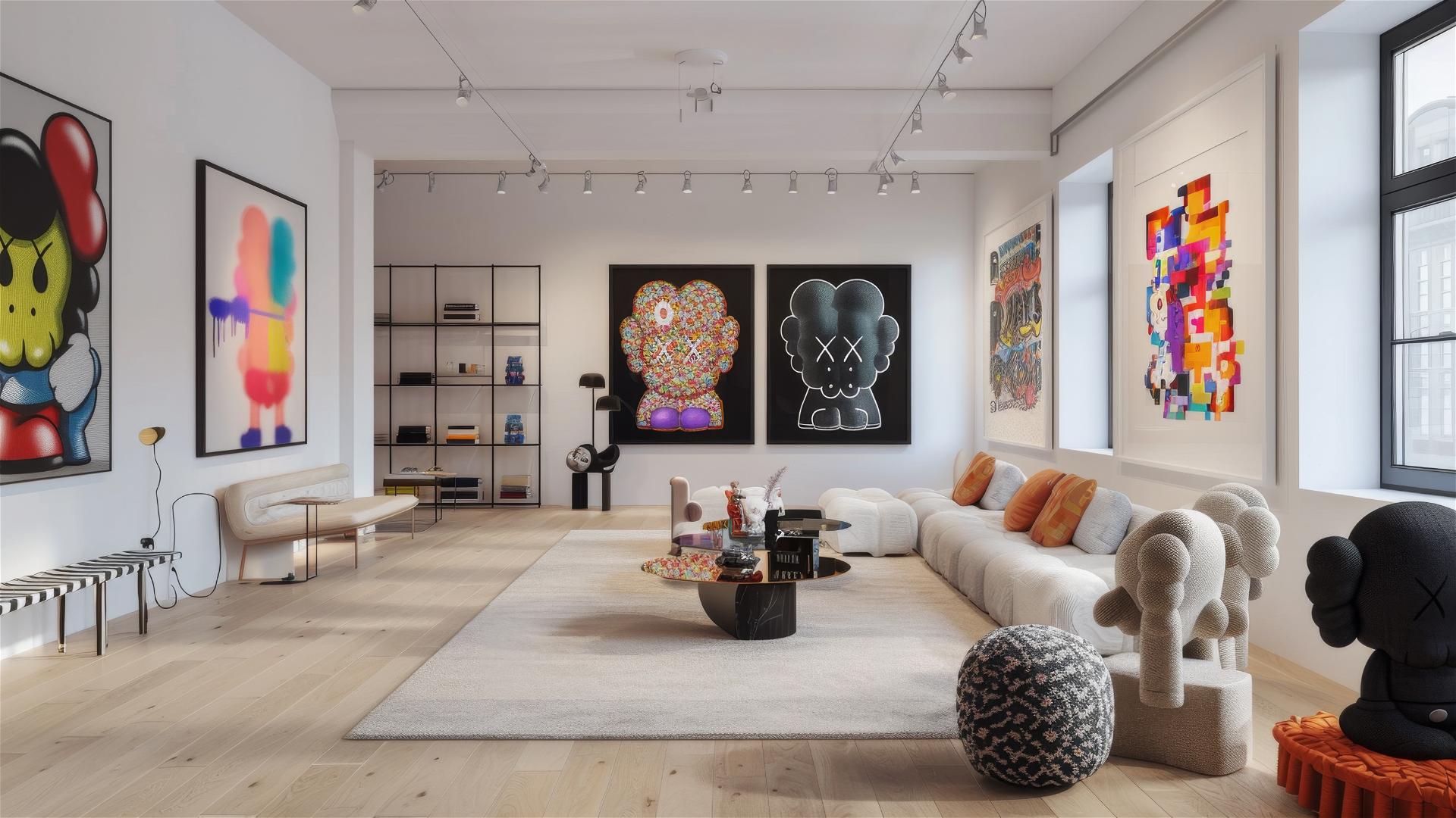 Studio interior with black-framed paintings, bouclé sofa, KAWS toys, white walls.