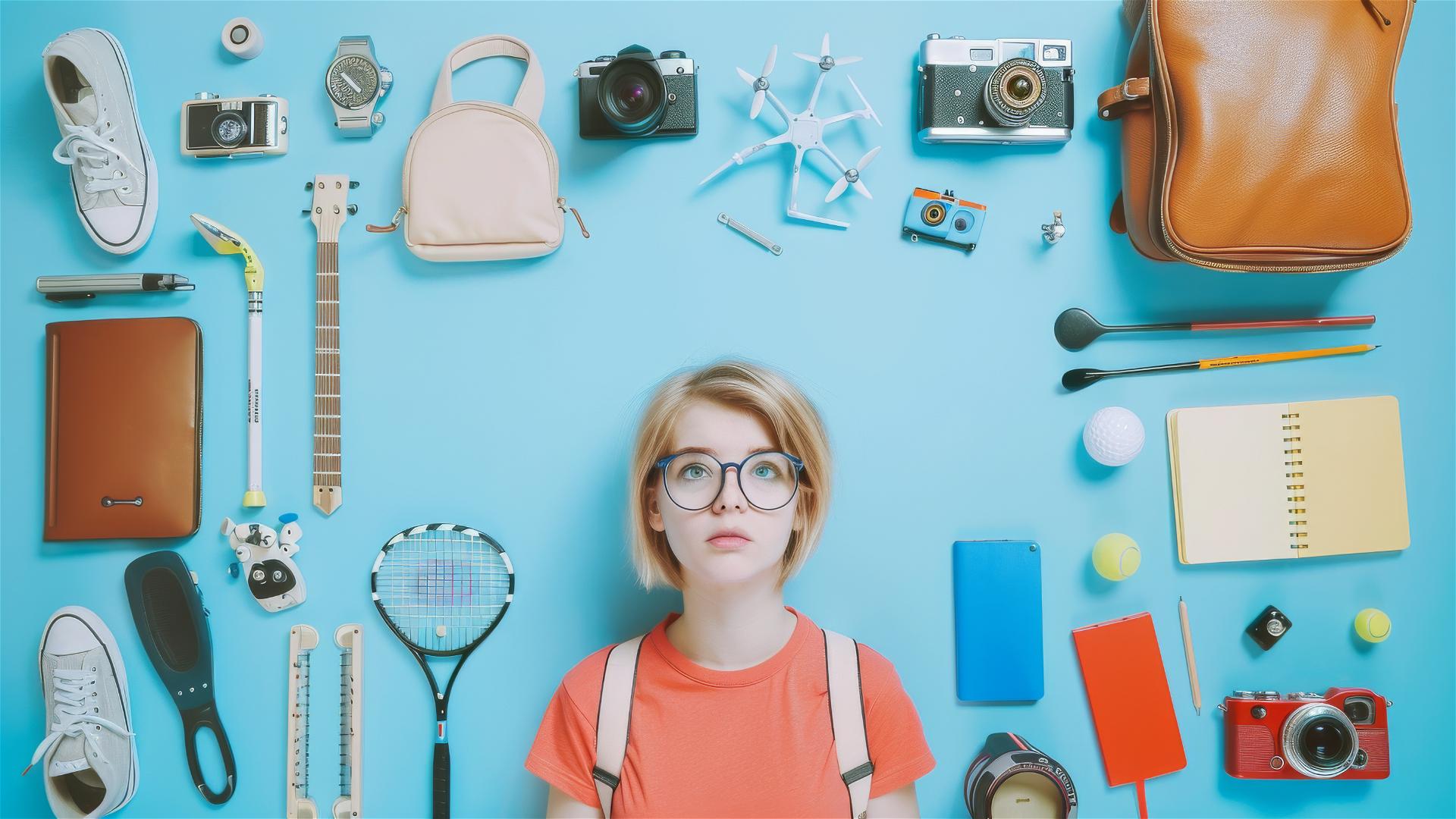 Topview of a blonde girl with short hair and glasses surrounded by various hobby items.