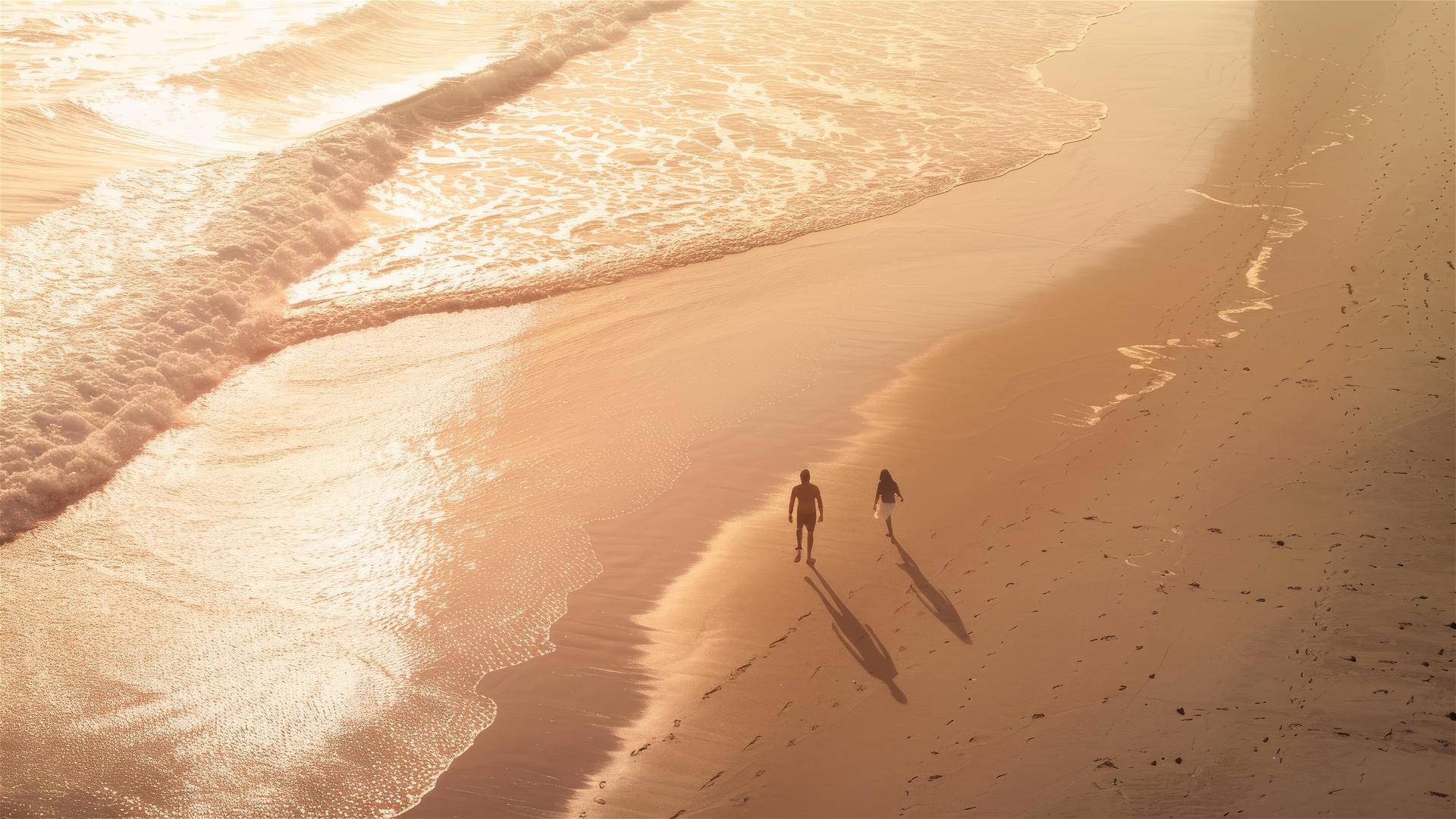 Two people walking on the beach in soft beige and pink tones, calm mood, aerial view