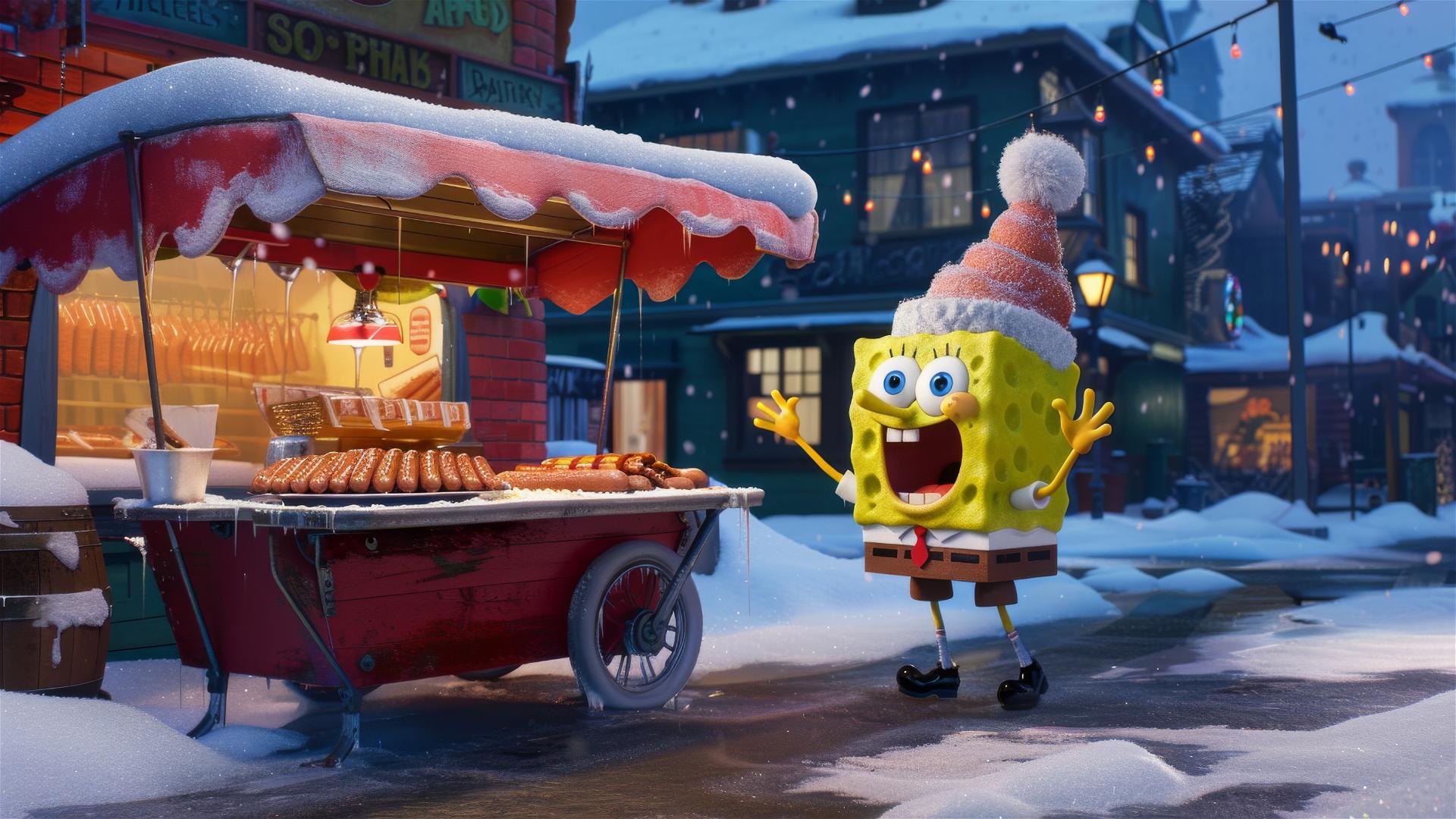 SpongeBob selling sausages at a snowy roadside barbecue stall, wearing a cotton hat.