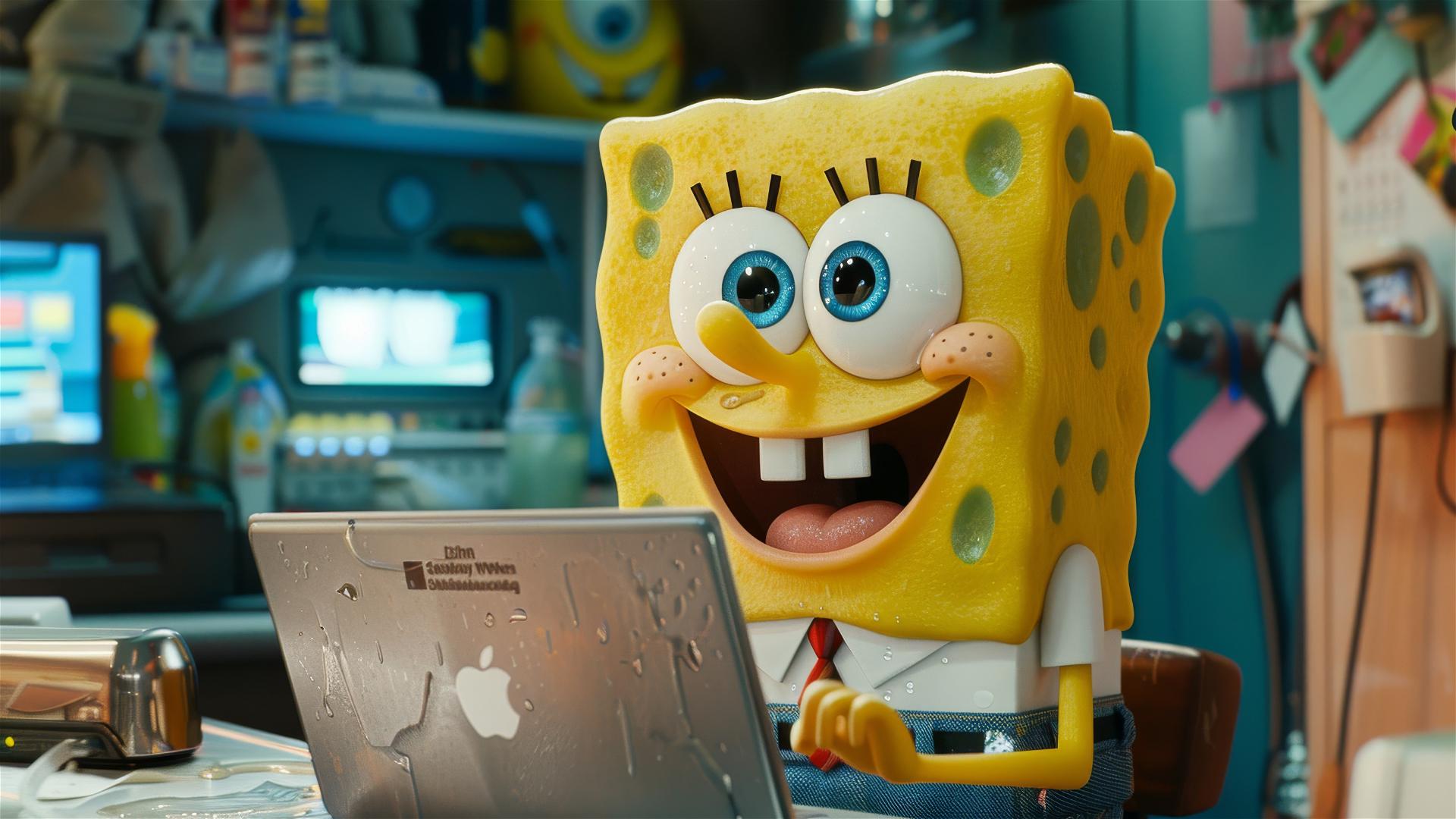 Spongebob repairing a shiny laptop in a clean office.