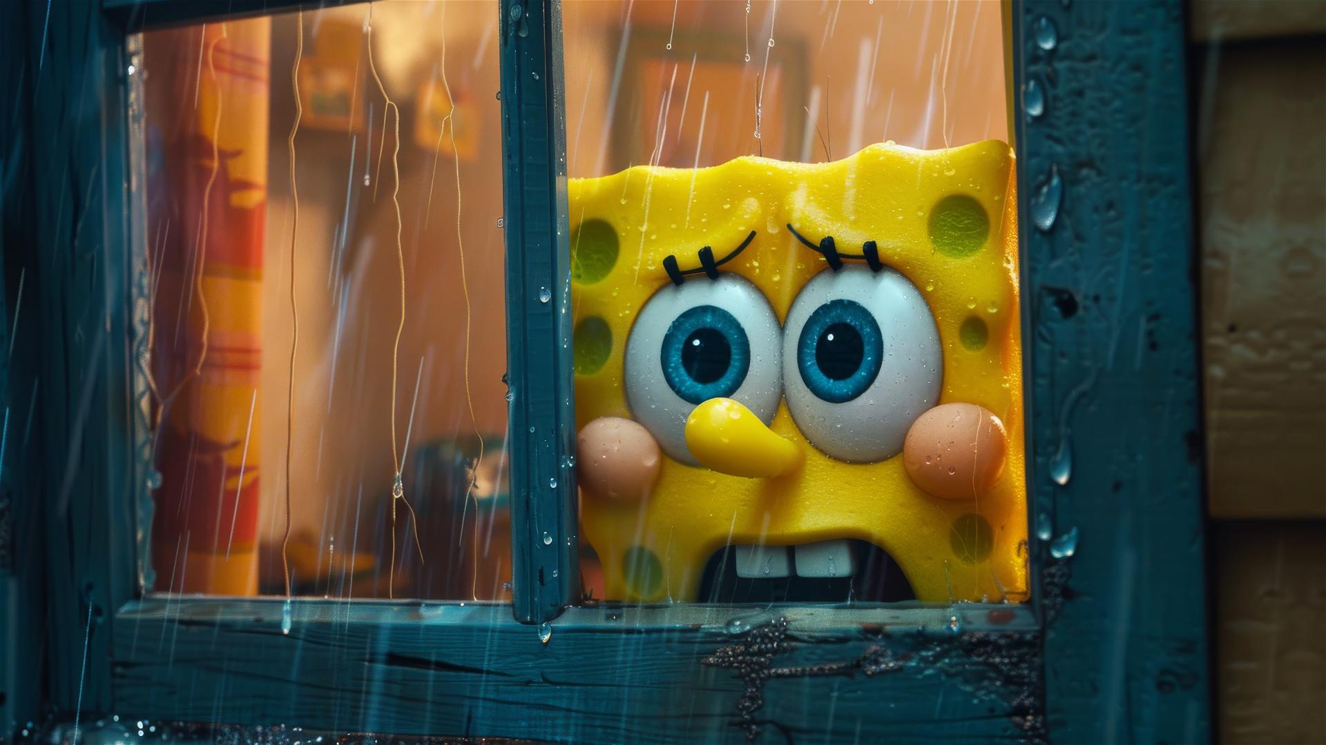 Spongebob staring into your bedroom window with rain outside