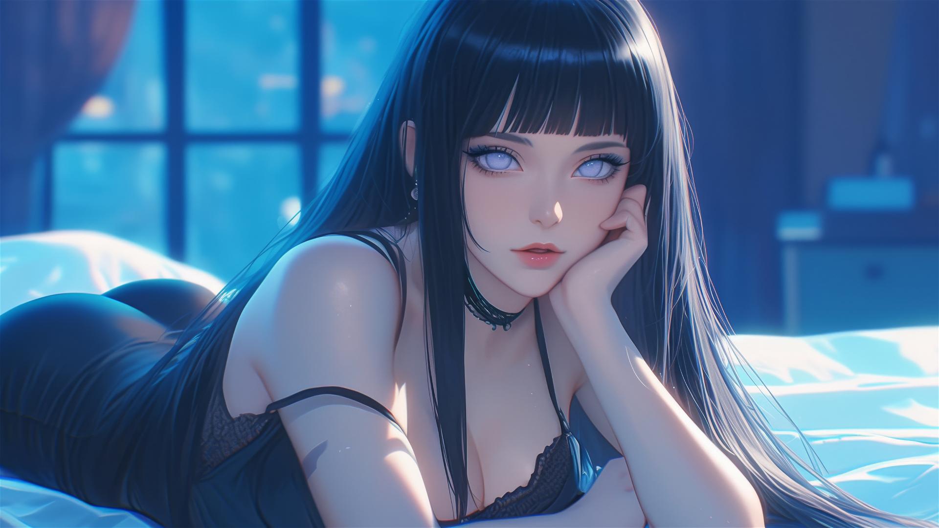 Hinata Hyuga resting at a modern hotel under moonlight