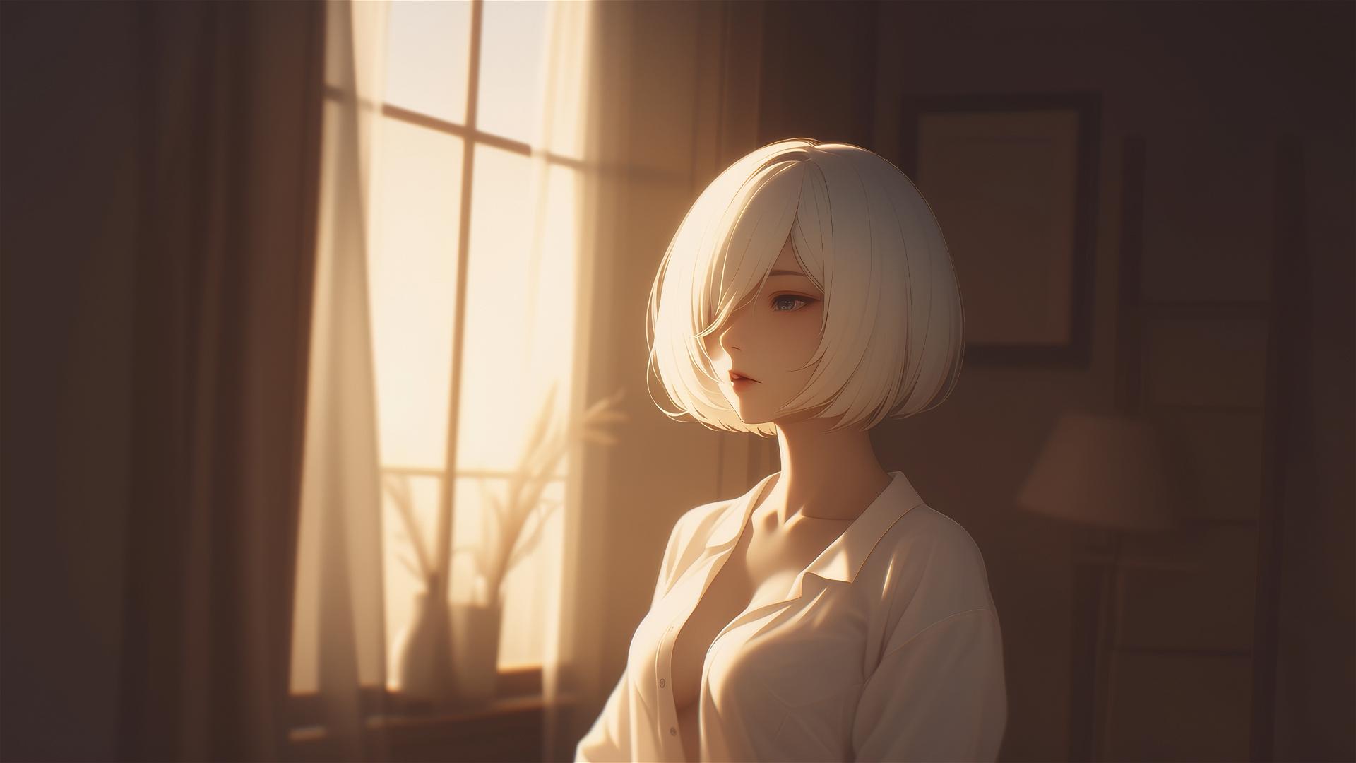 2B from Nier in white silk pajamas by a window at sunrise