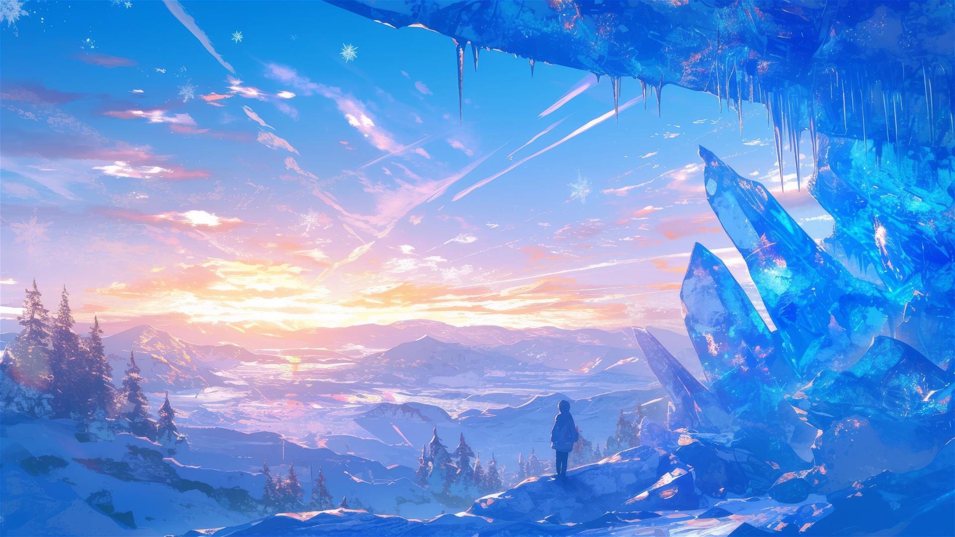 Frozen waterfall with icicles and sunrise glow.