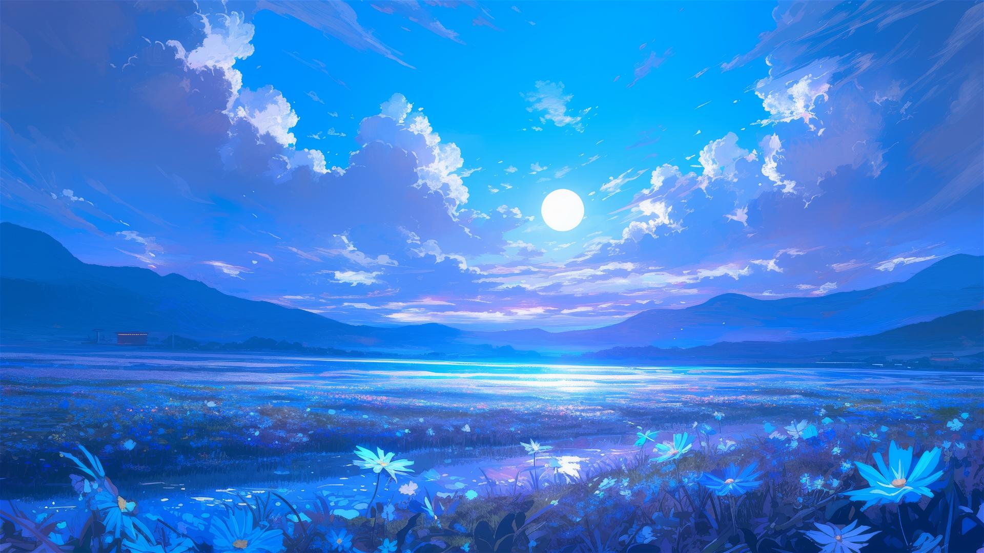 Flower field under harvest moon, basking in nocturnal glow