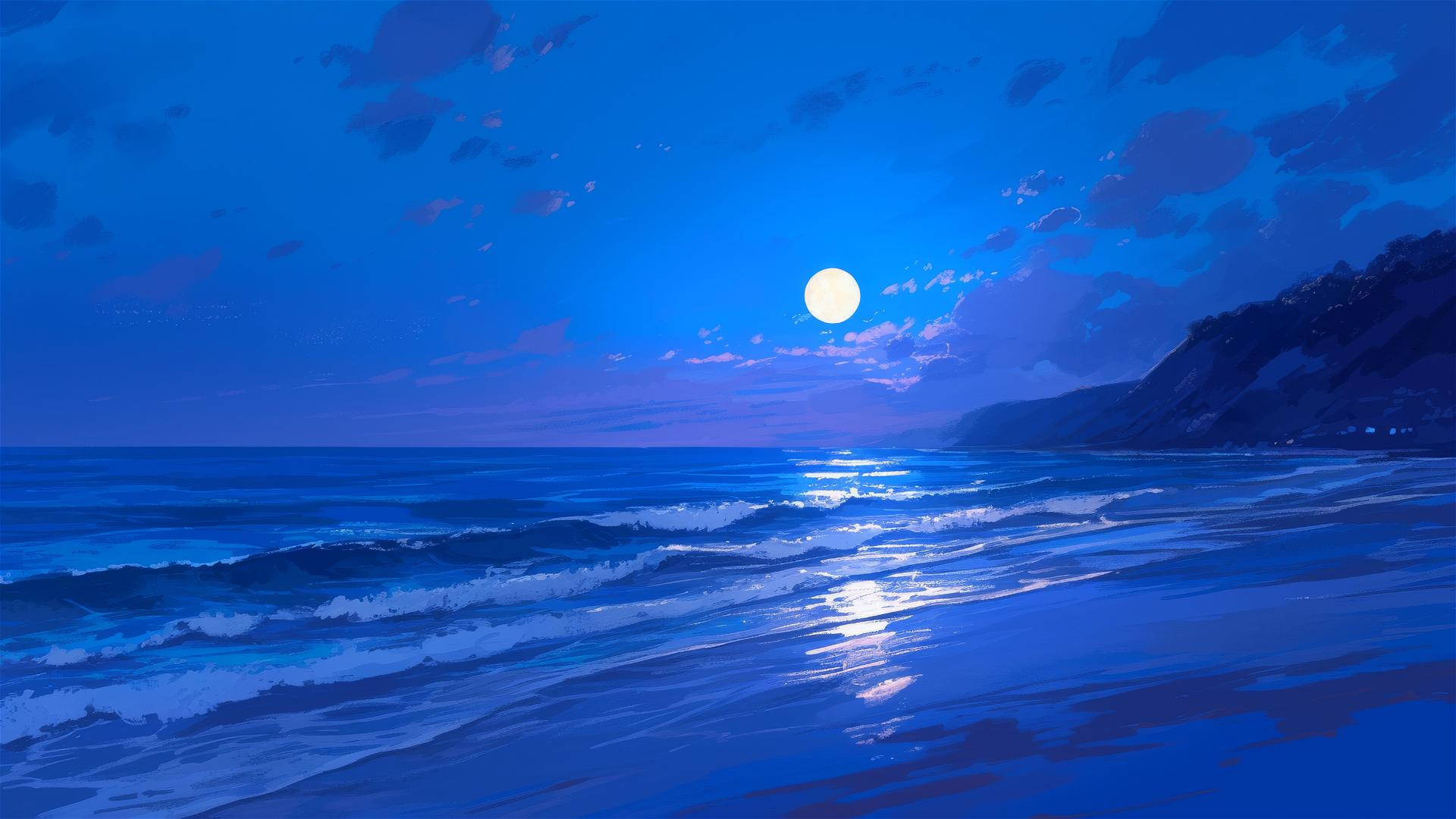 Full moon illuminating a secluded beach with tide gently lapping the shore