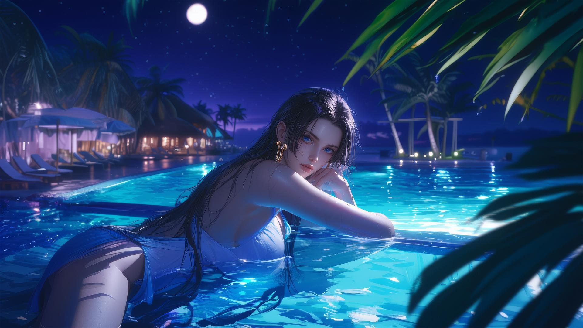 Boa Hancock from One Piece resting by a pool under moonlight