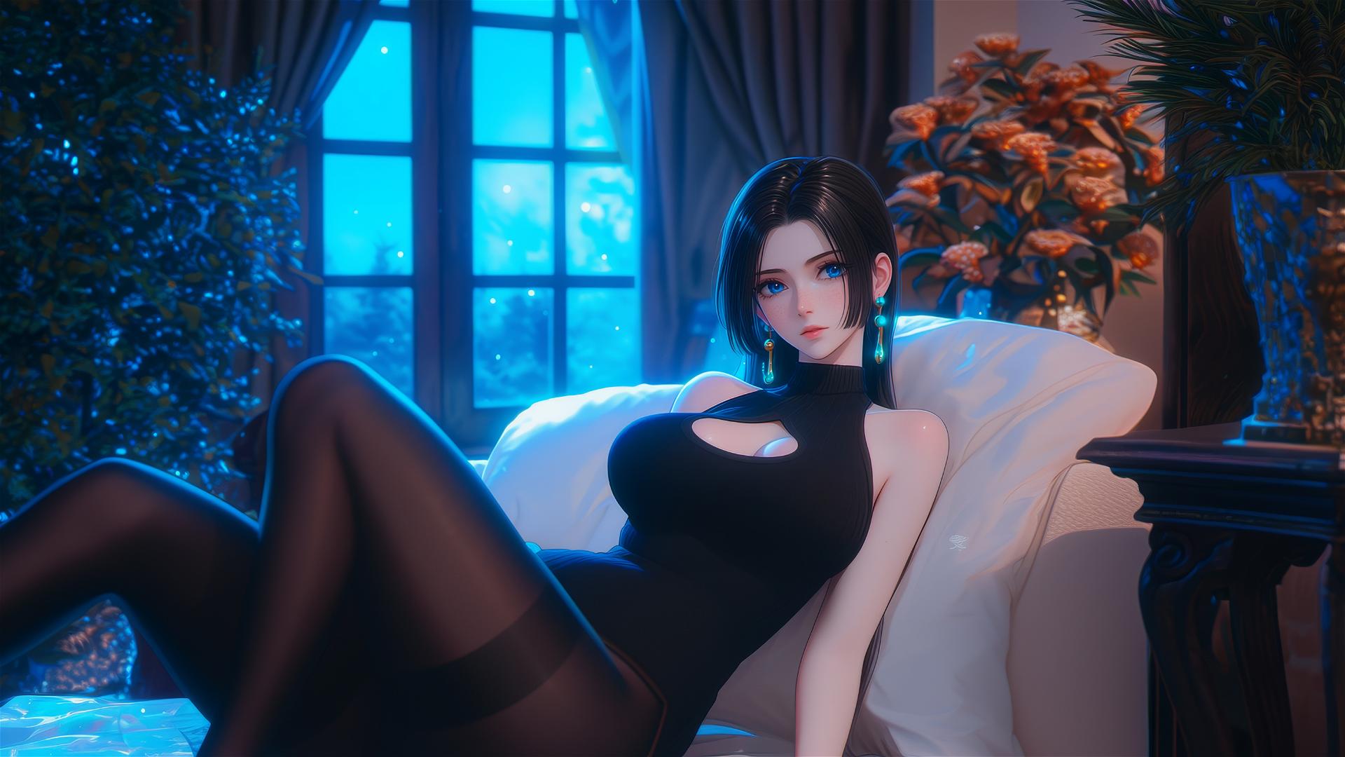 Boa Hancock resting in an apartment with moonlight casting a soft glow