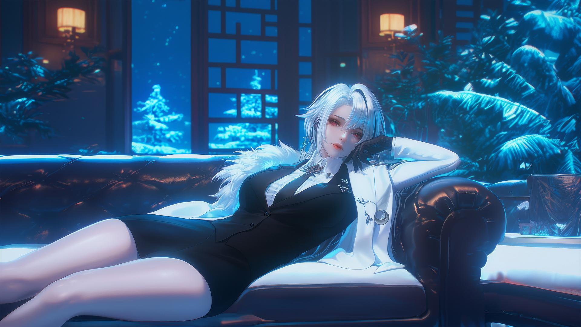 Arlecchino from Genshin Impact with white hair and black streaks in a modern hotel room