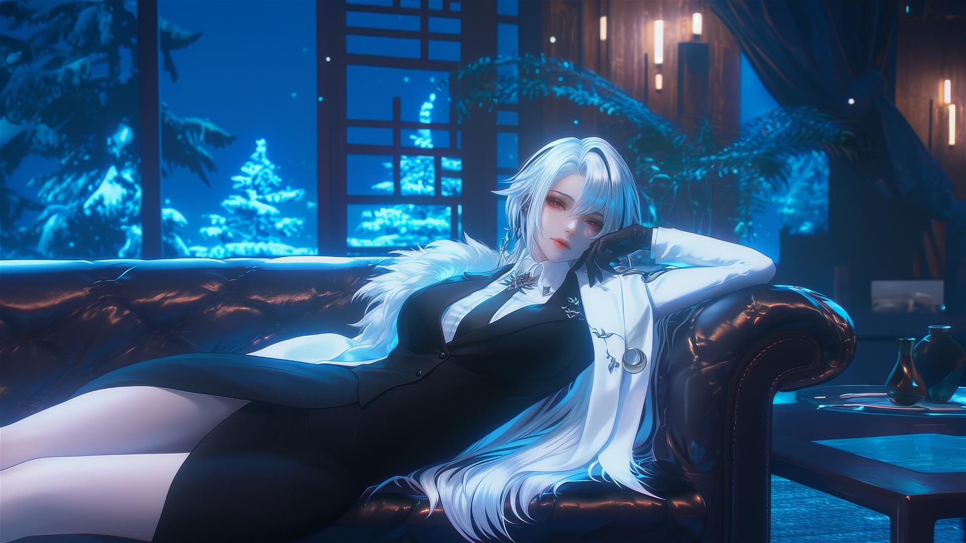 Arlecchino from Genshin Impact with snow white hair, black streaks, red x-shaped pupil, in a moonlit hotel room