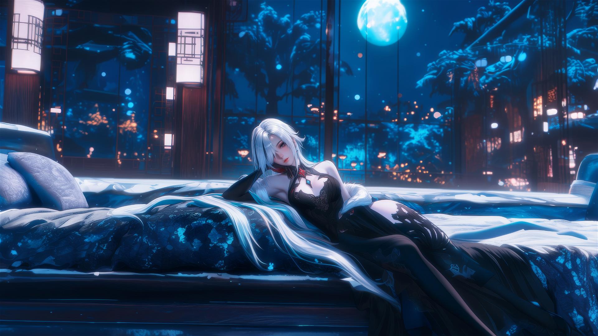 Arlecchino with snow white hair and black streaks, red X-shaped pupil, in a modern hotel room under moonlight.