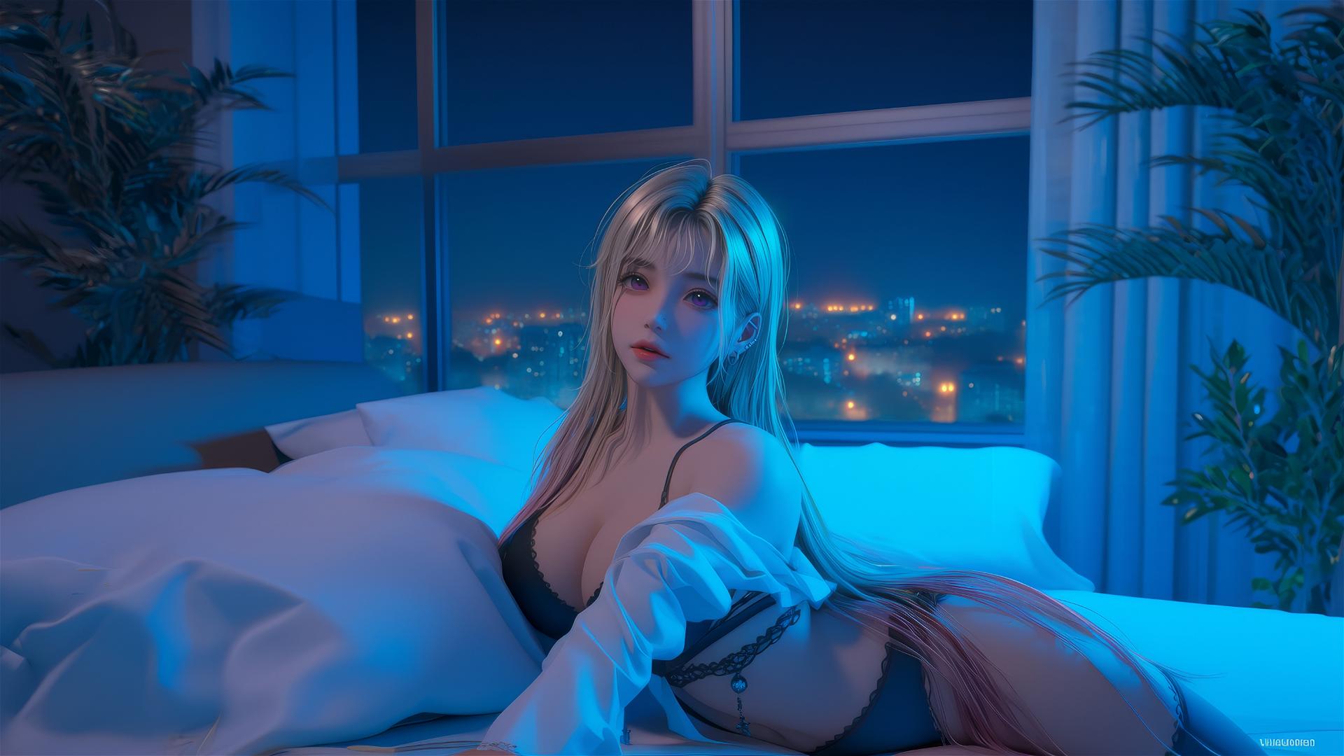 Marin Kitagawa sitting on hotel bed illuminated by moonlight