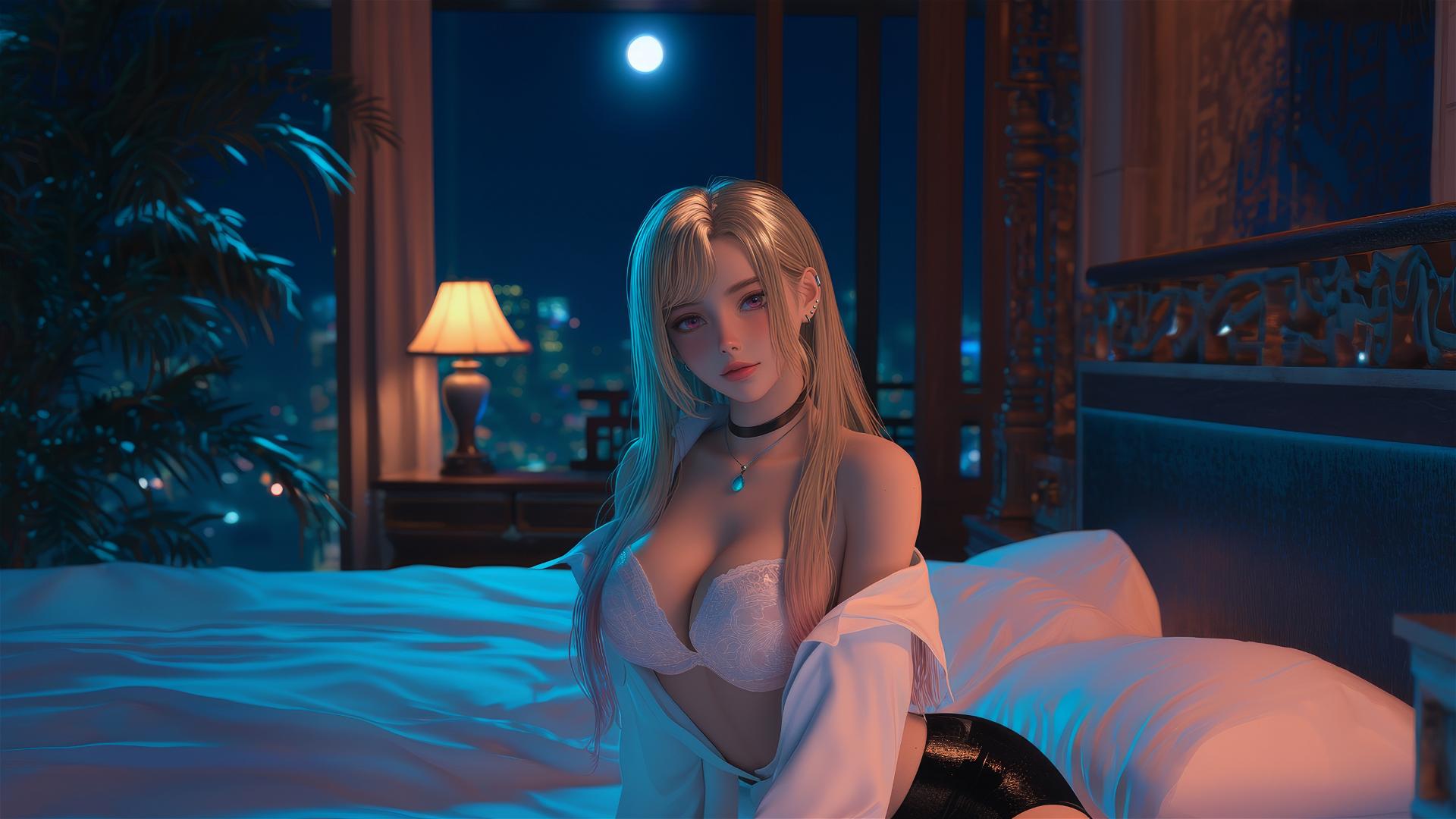 Marin Kitagawa from Kurikami City sitting on a hotel bed bathed in moonlight, silky blonde hair with pink tips, pinkish eyes.