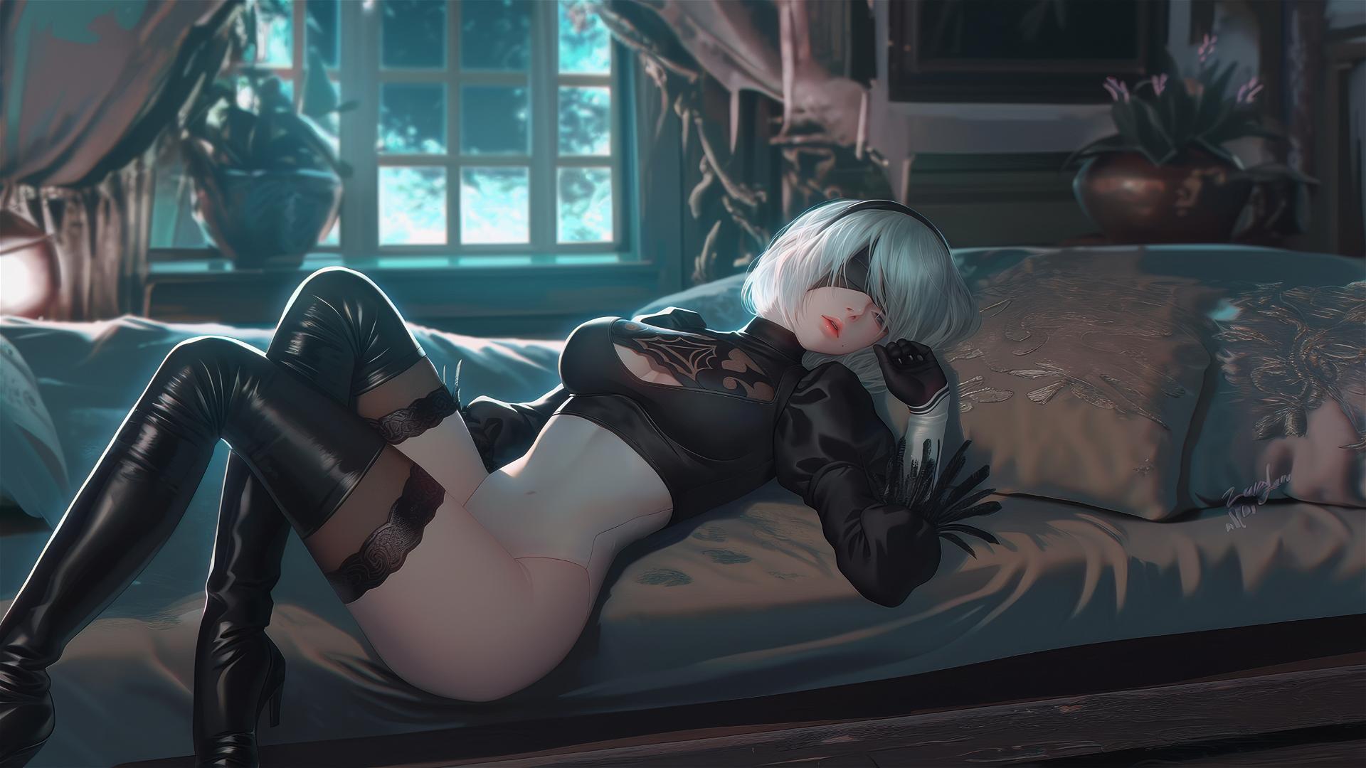2B from Nier resting in a modern hotel room illuminated by moonlight