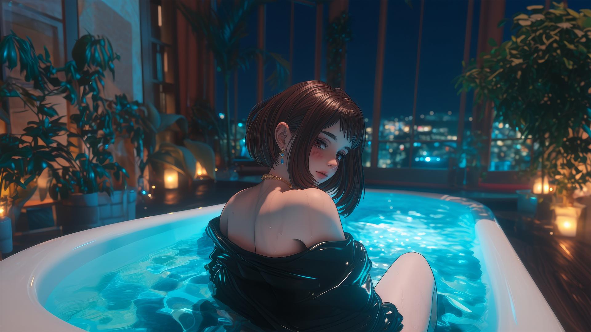 Ochaco Uraraka in a tub with warm light, auburn hair, and pink blush.