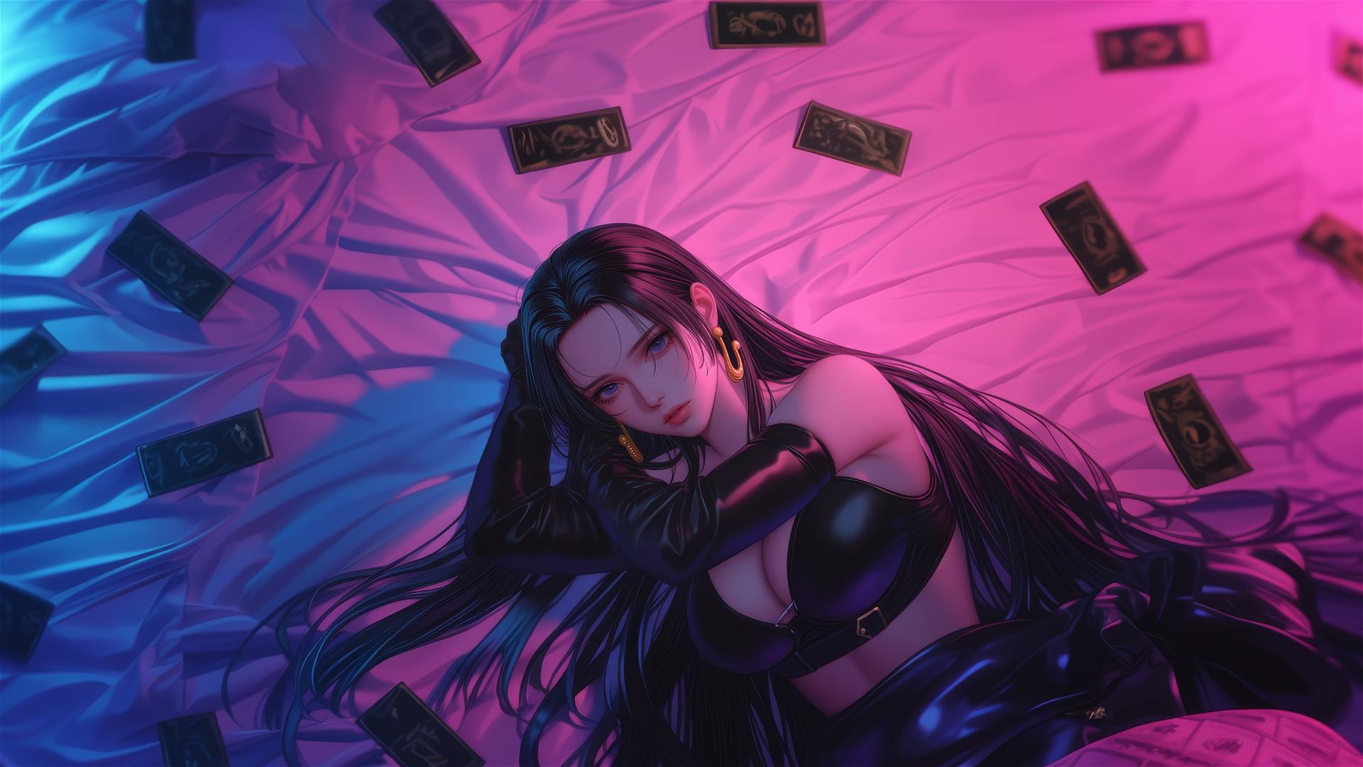 High angle of Boa Hancock in bed, black and pink leather outfit, neon colors, pink background, anime style