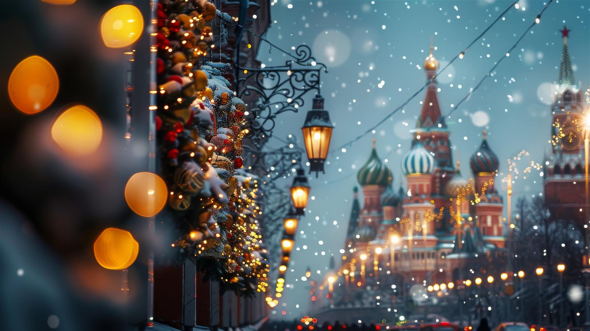 Winter evening in Moscow with garlands