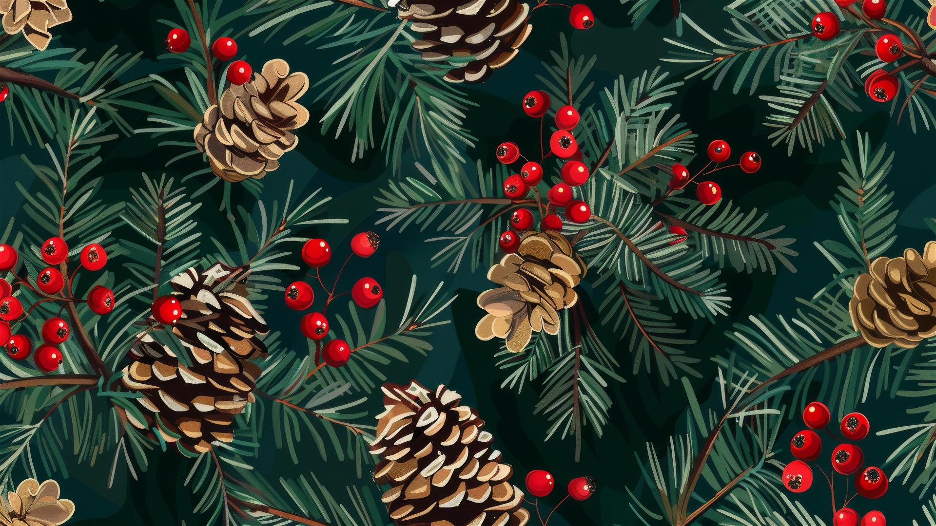Seamless pattern of spruce cones, pine needles, and red berries on dark green background