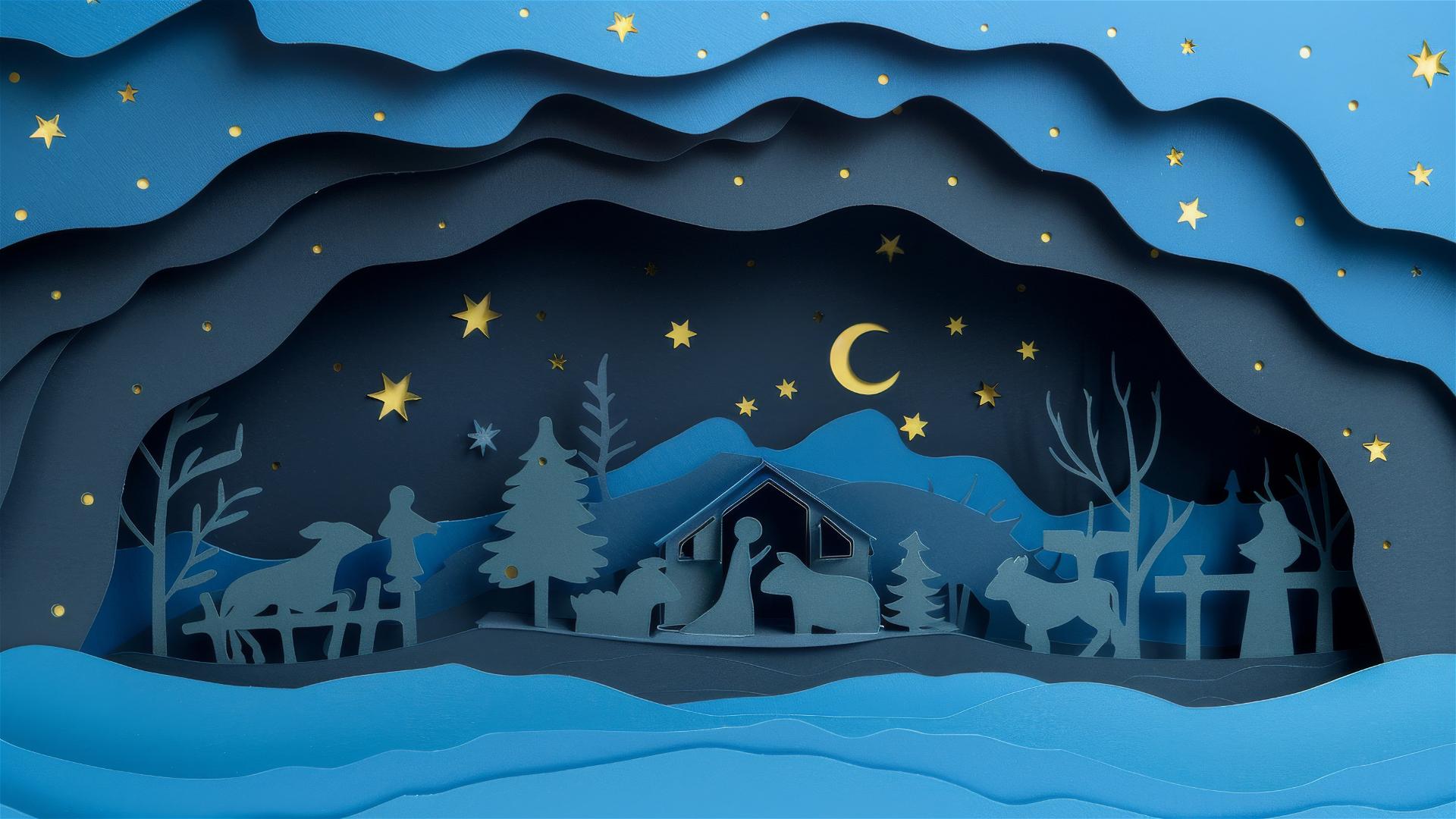 Minimal nativity scene in paper cutout style with blue night sky