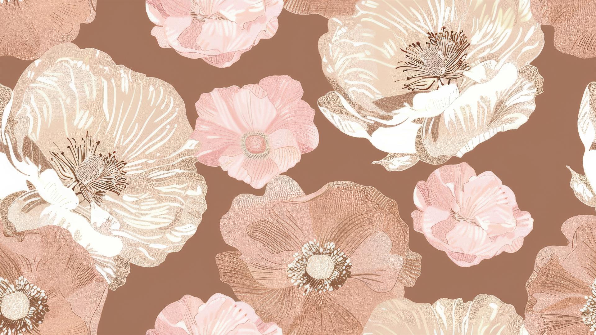 seamless pattern of large pink and beige flowers on brown background
