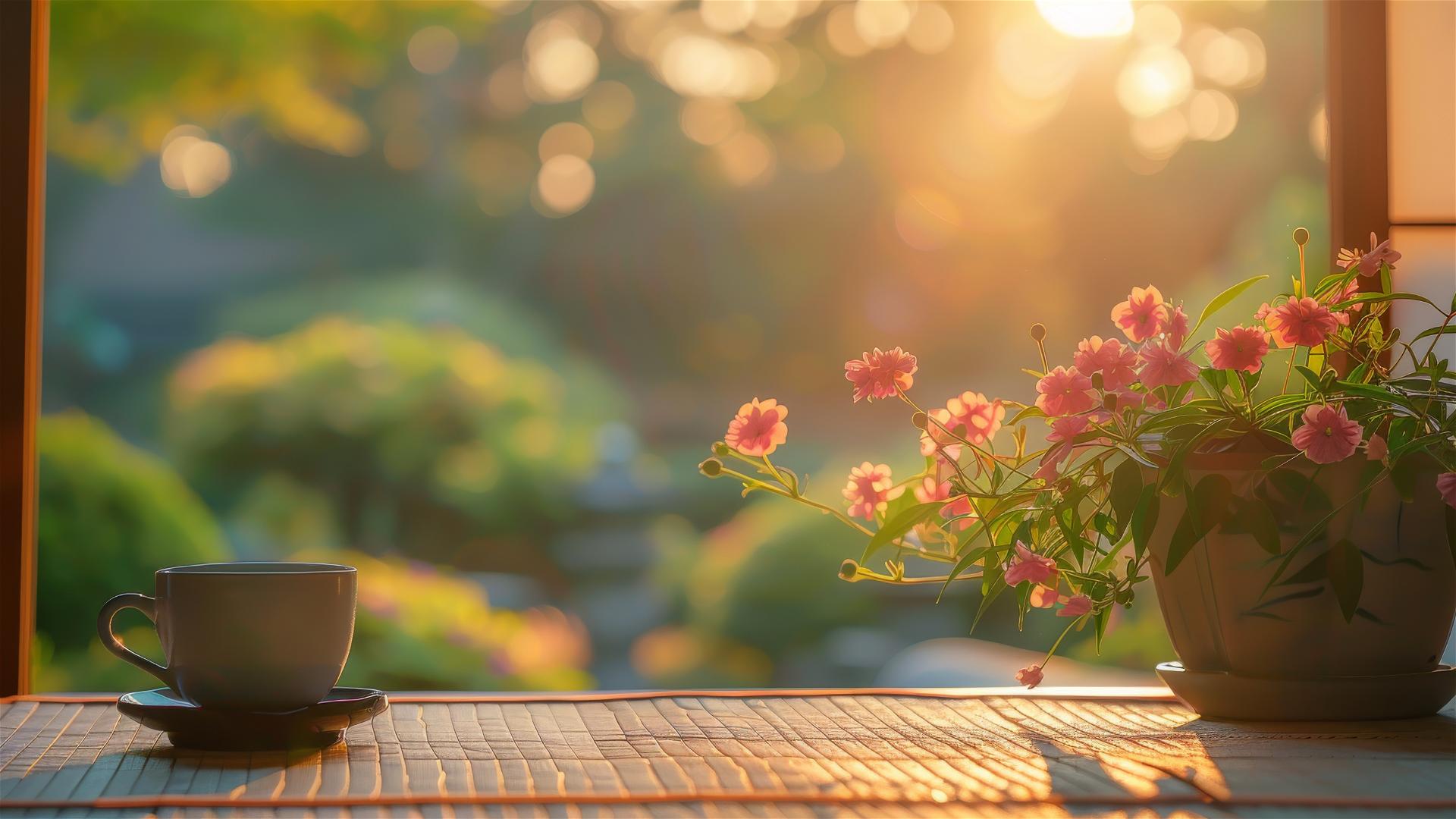 Coffee cup and flower pot on table in a Japanese Zen garden at sunrise