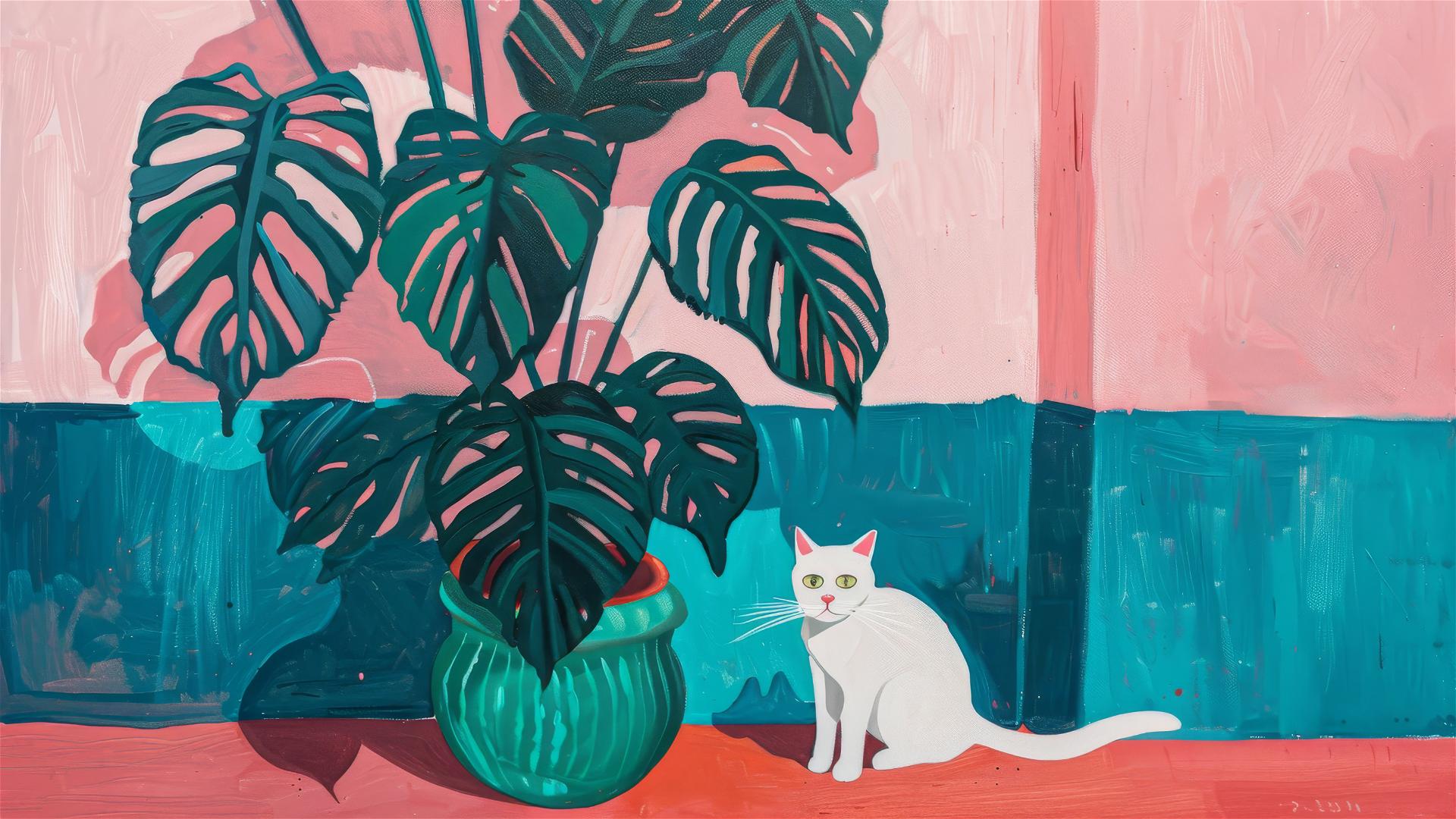 Oil painting of monstera in green pot, white cat, blue and pink stripes, Matisse style