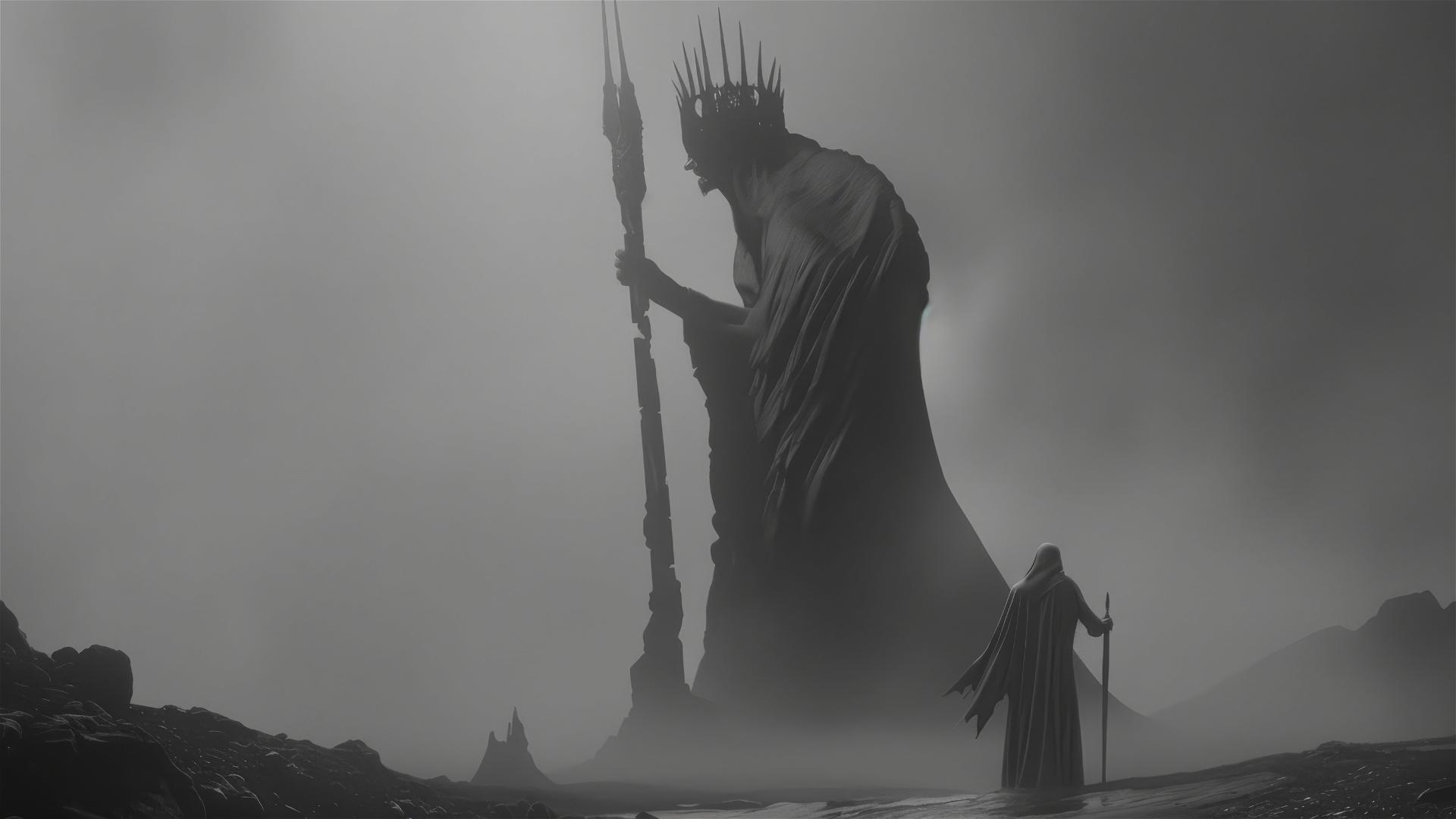 Haunting figure of a woman with a crown and spear in grayscale with foggy background