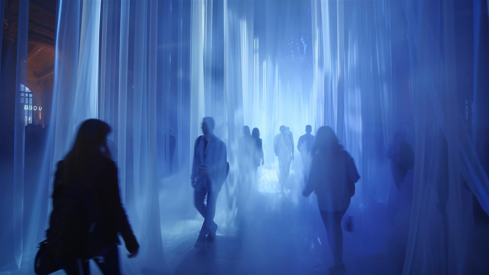 People walk through a curtain of laser smoke