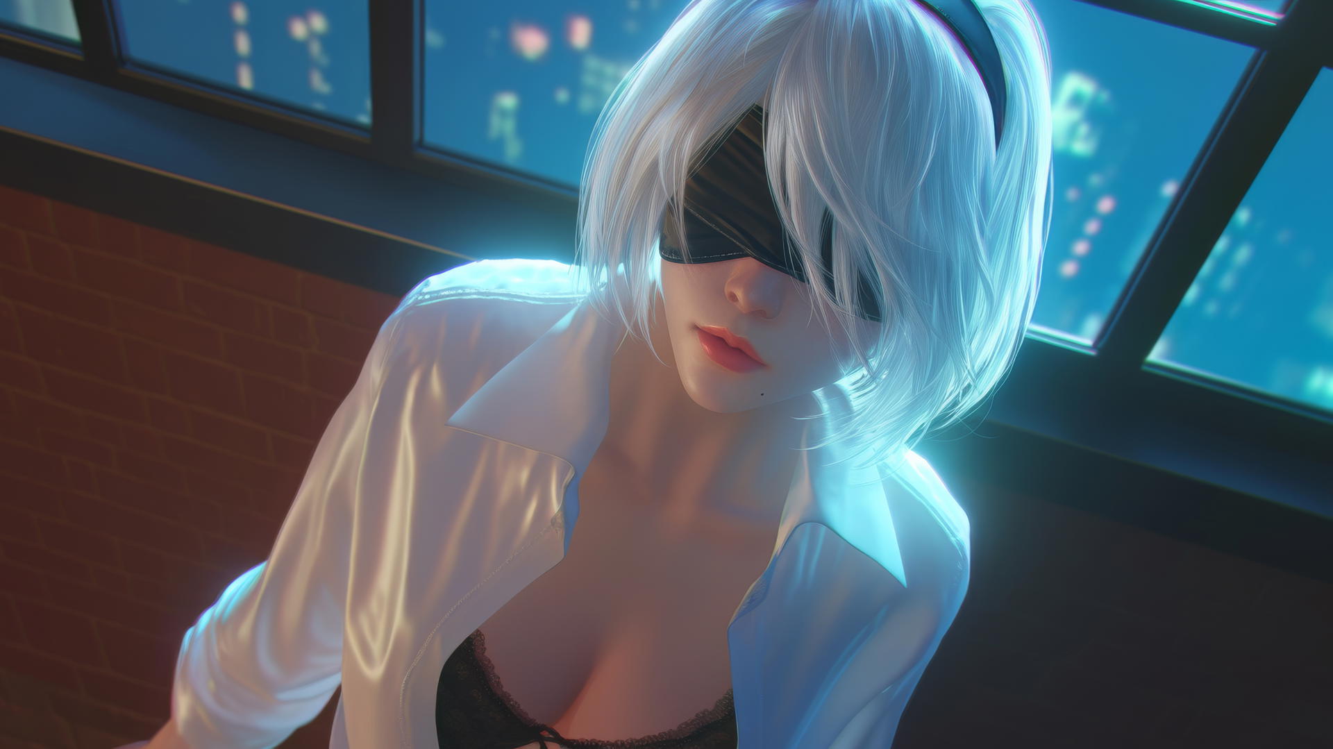 2B from Nier in a white office shirt and black blindfold looks up, neon-lit hotel room