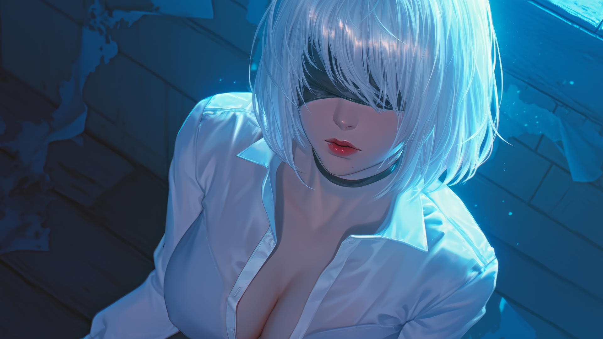 2B from Nier kneeling, wearing a white shirt, black blindfold, in a neon-lit hotel room.