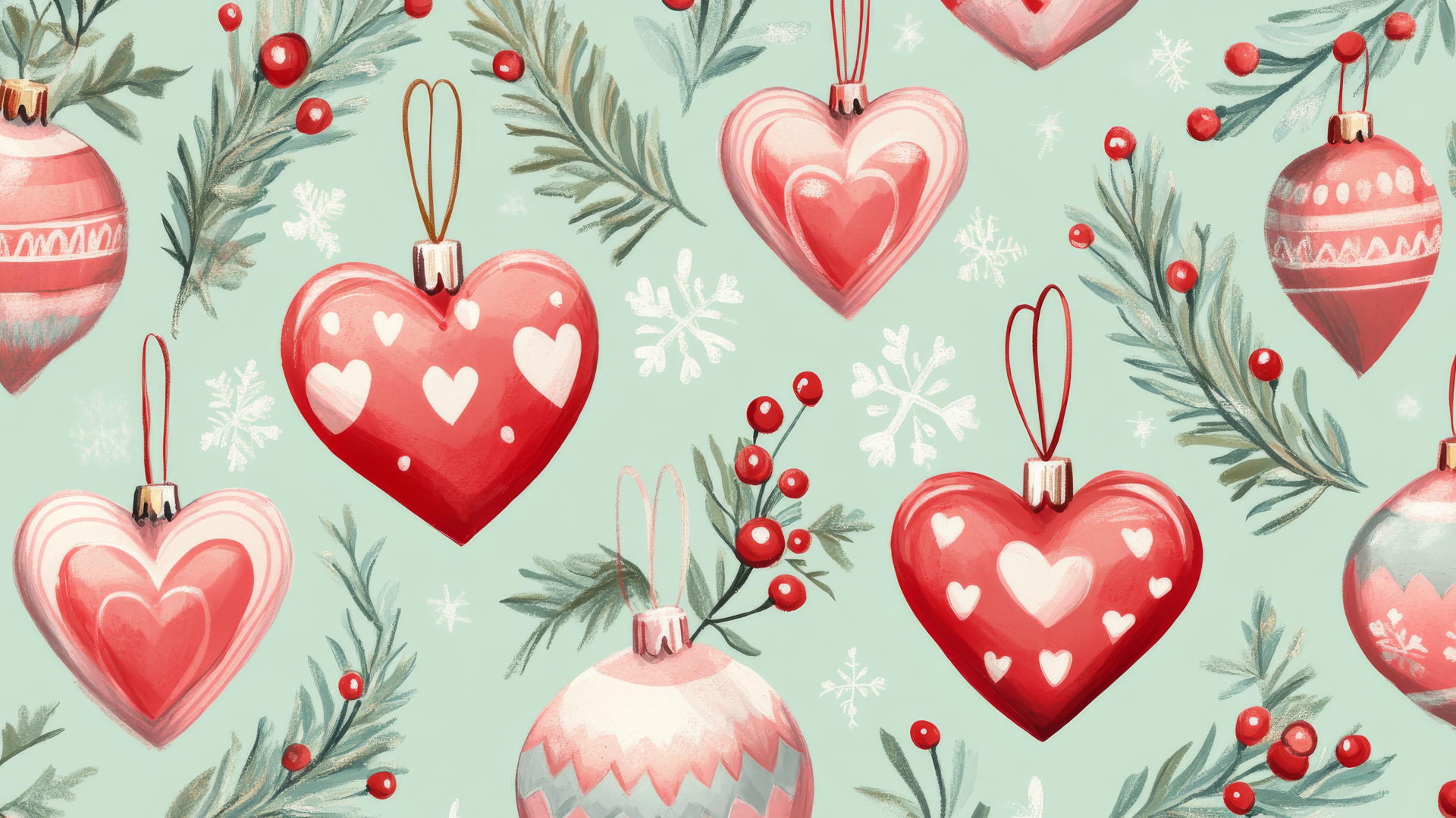aesthetic preppy Christmas wallpaper with heart-shaped ornaments and mistletoe on pastel green
