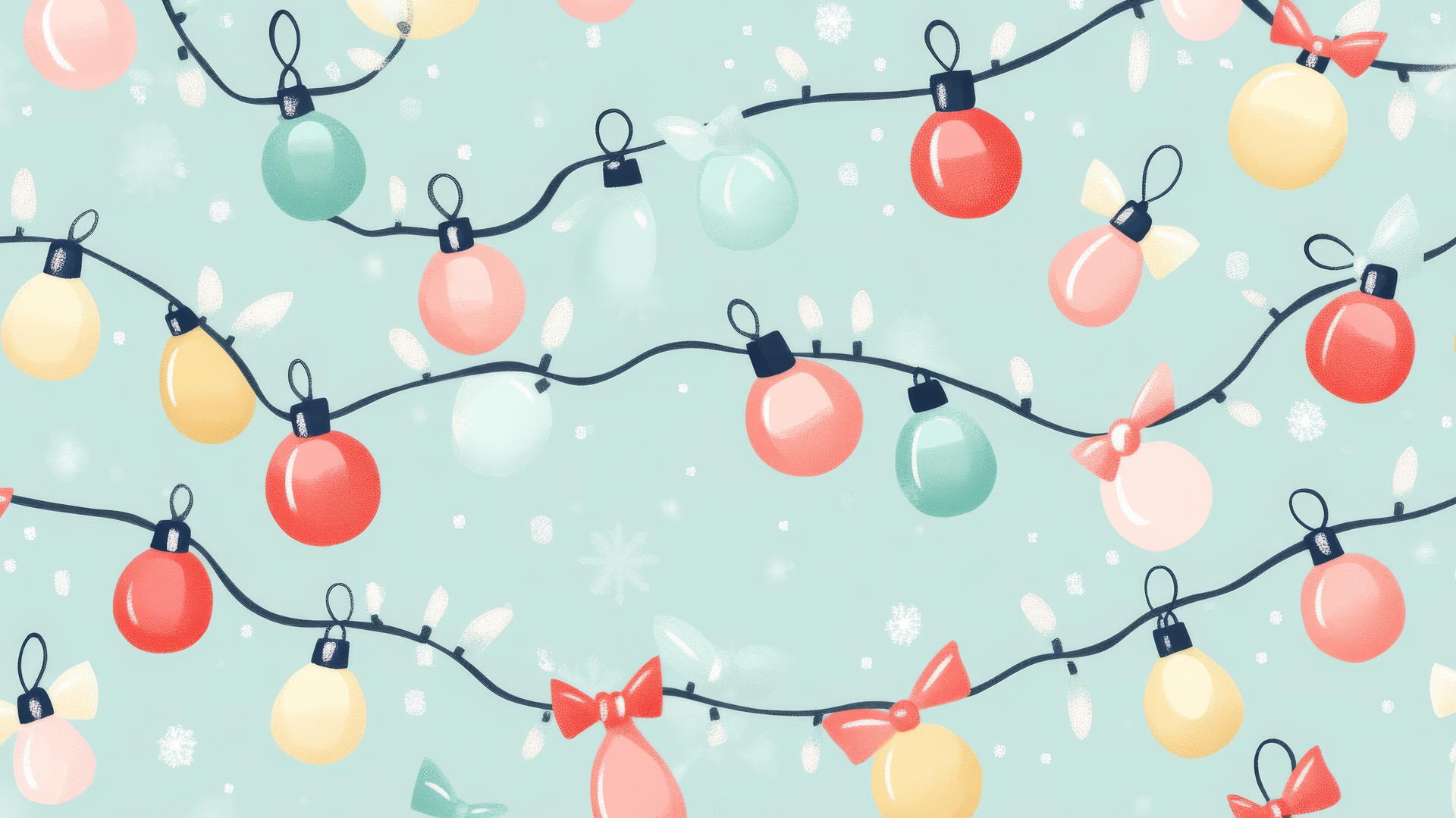 Cute preppy Christmas wallpaper with pastel lights, baubles, and bows on mint background