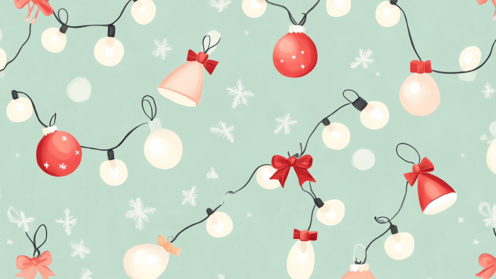cute preppy Christmas wallpaper with pastel lights, baubles, and bows