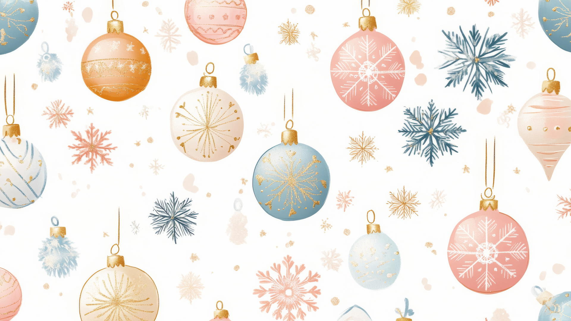 cute preppy Christmas wallpaper with pastel ornaments and snowflakes on white