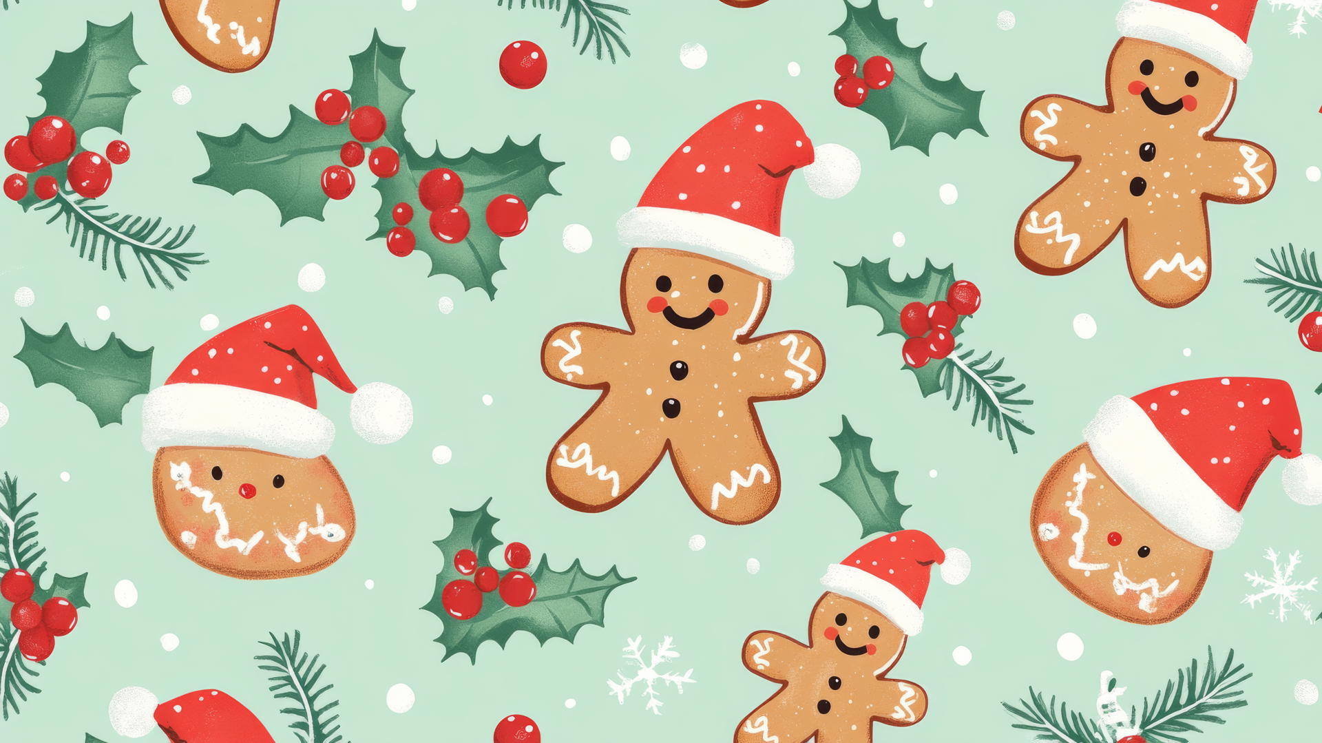 cute Christmas wallpaper preppy with gingerbread cookies, Santa hats, holly berries