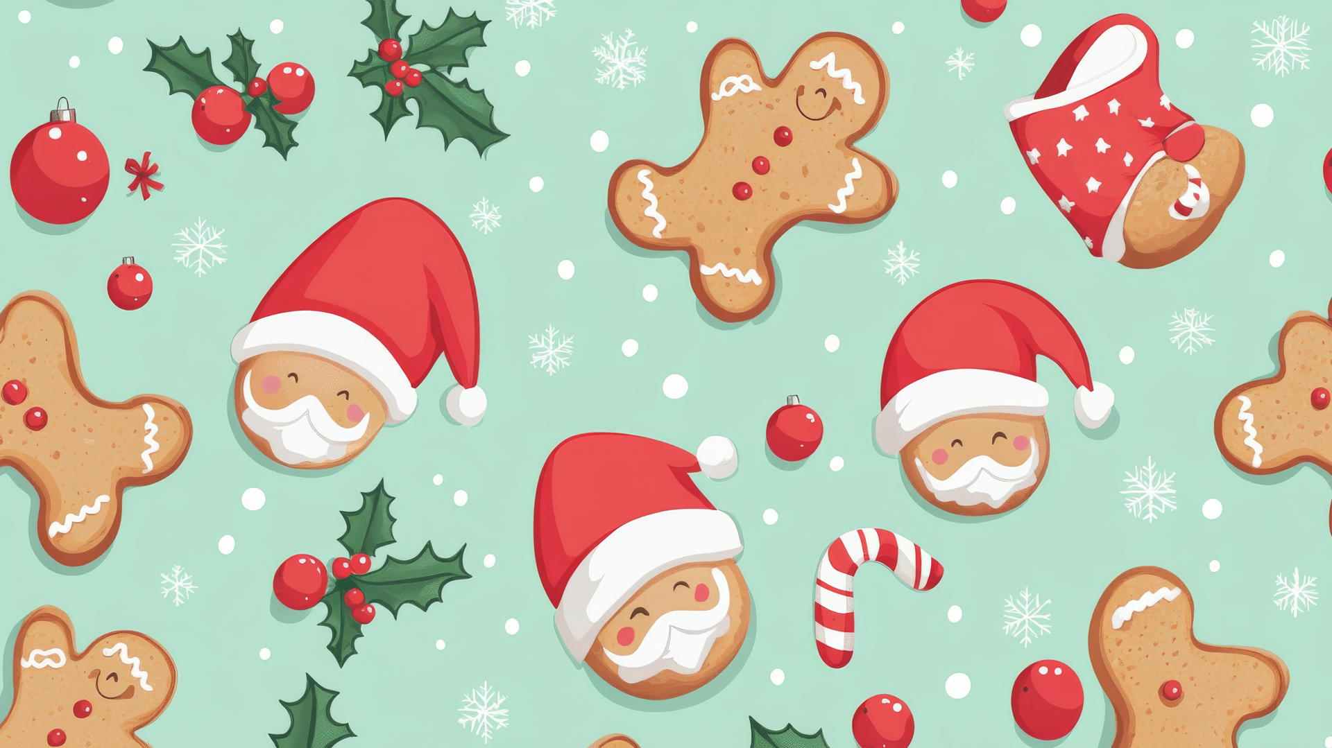 cute Christmas wallpaper preppy with gingerbread cookies, Santa hats, and holly berries on mint green
