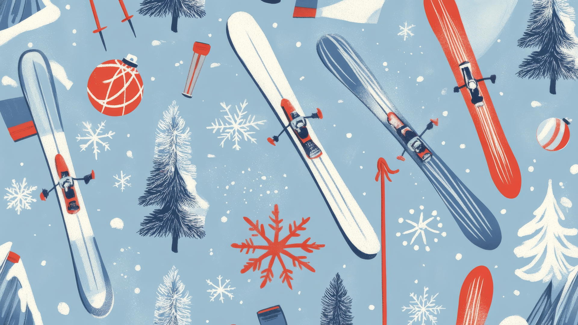 Christmas wallpaper preppy with skiing equipment, snowflakes, and pine trees on pastel blue