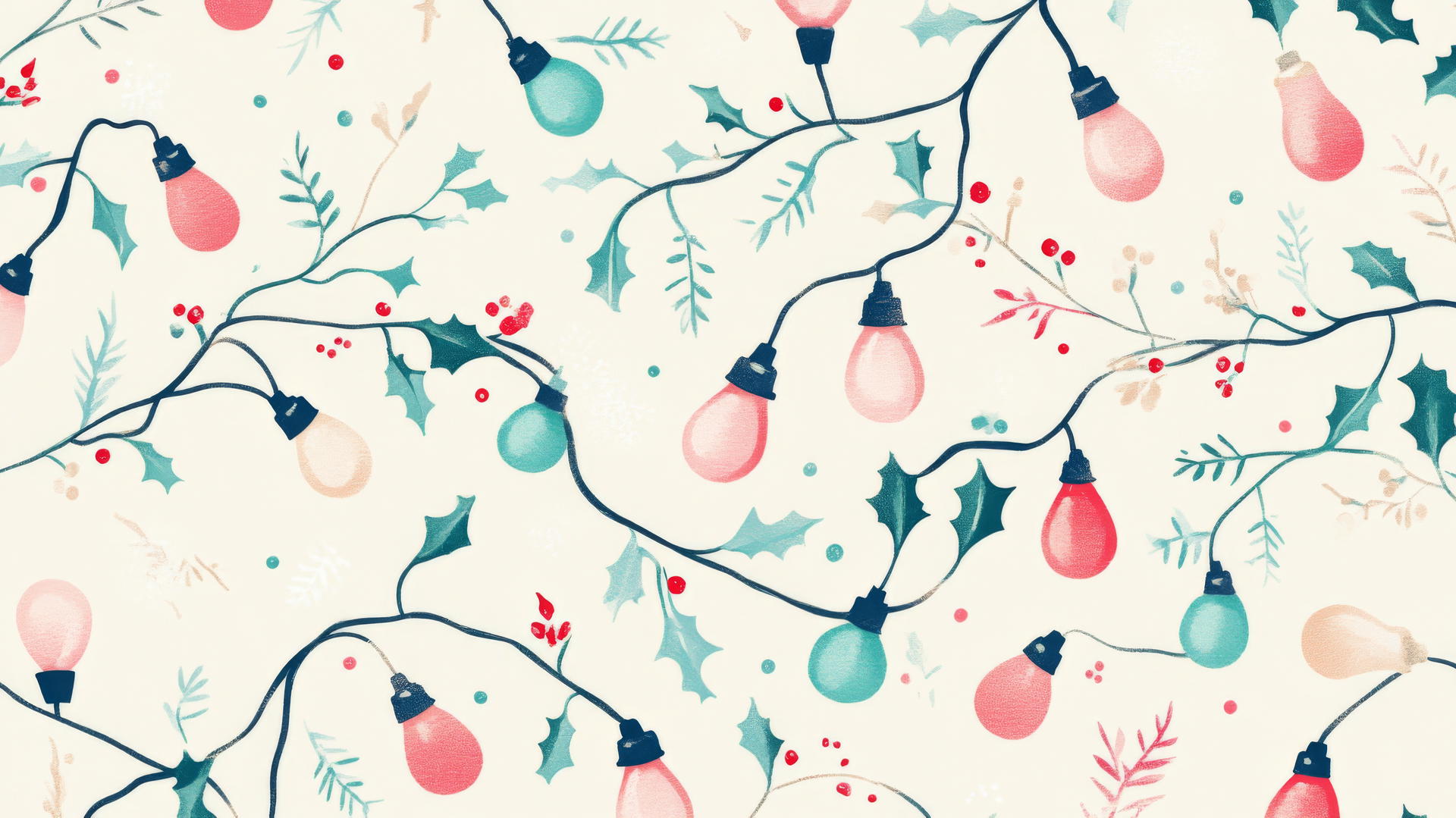 preppy Christmas wallpaper with retro-style light bulbs, holly, and snowflakes in pastel colors