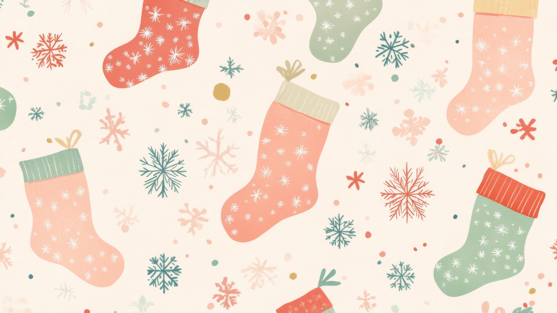 preppy Christmas wallpaper with stockings and snowflakes in pastel colors on a soft pink background
