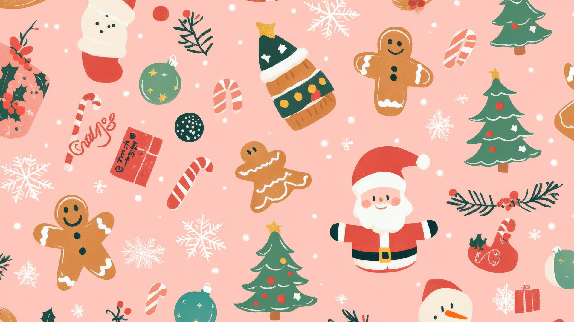 preppy wallpaper with cute Christmas items like gingerbread cookies, Santa Claus, snowmen, and Christmas trees