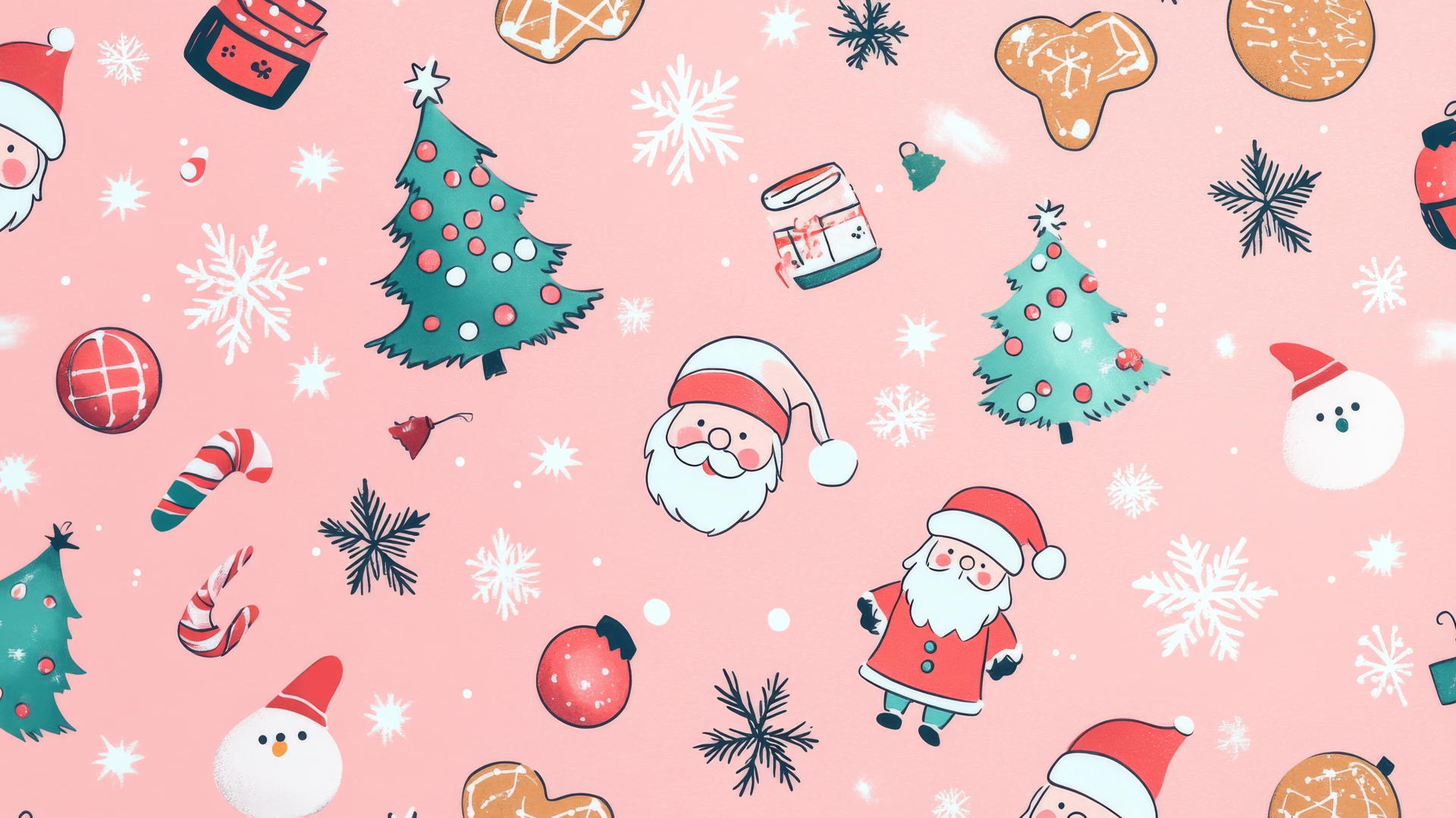 preppy wallpaper with cute Christmas items like gingerbread cookies, Santa Claus, snowmen, and Christmas trees on pastel pink background
