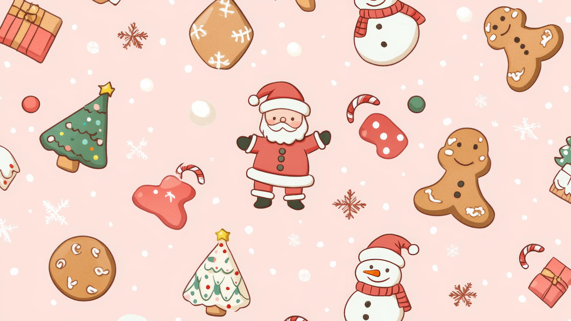 cheerful Christmas pattern with gingerbread, Santa, snowmen, trees on pastel pink for preppy wallpaper