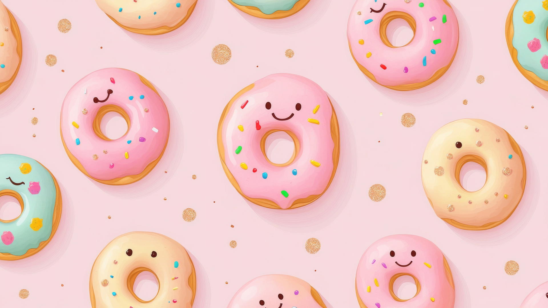 Pink preppy wallpaper featuring smiley face donuts with colorful glazes and rose gold accents.
