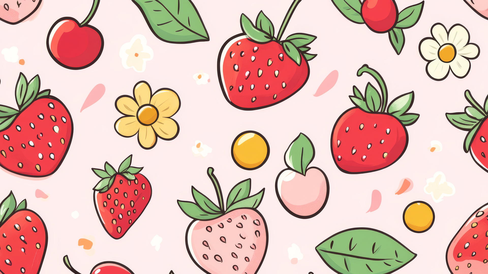 preppy wallpaper with cute doodles of strawberries, cherries, and flowers on a light pink background