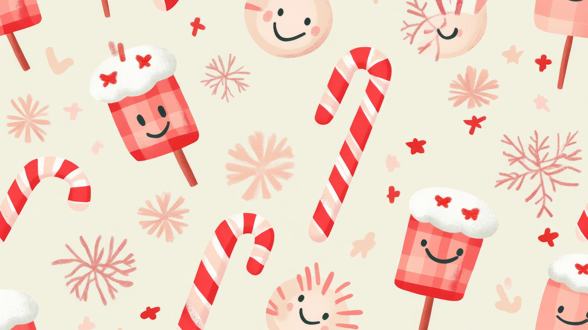 preppy wallpaper with retro Christmas pattern, candy canes, smiling faces, pastel background