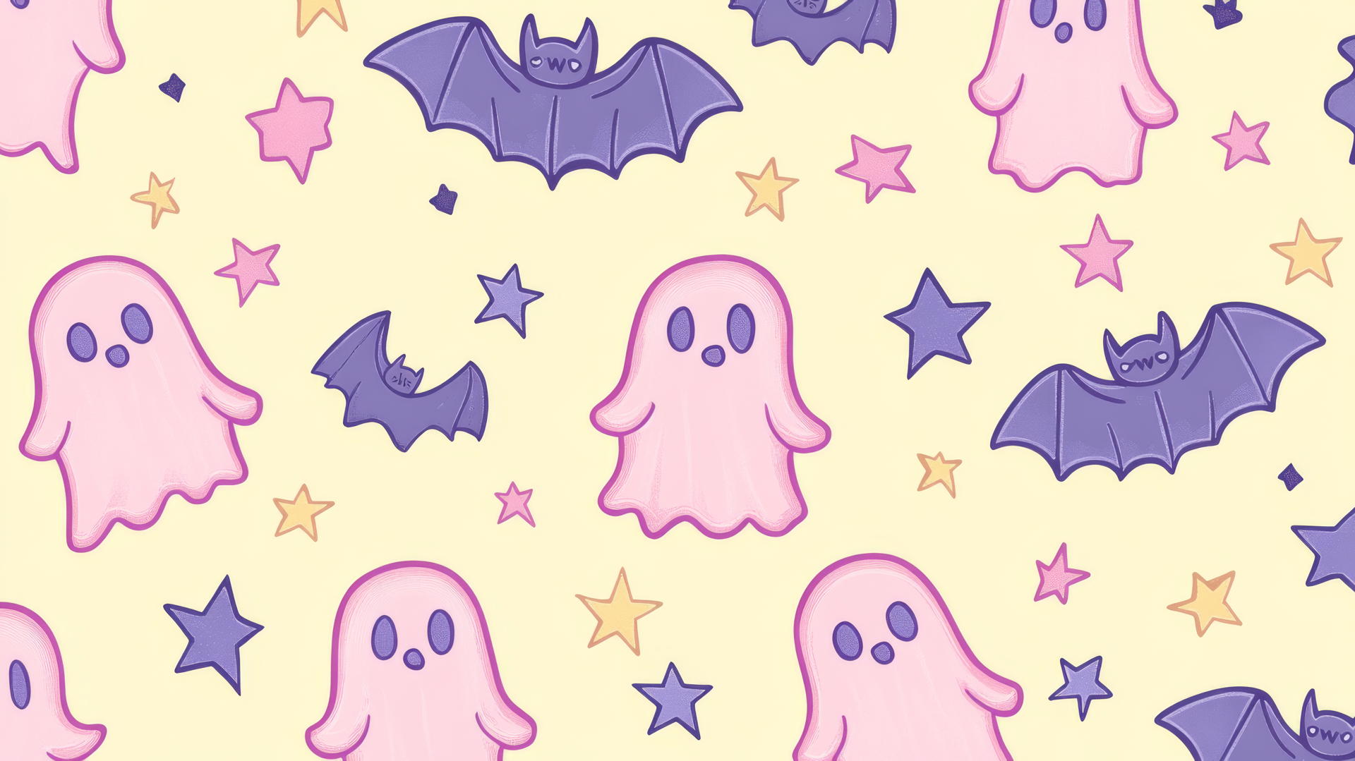 halloween wallpaper preppy with pink and purple ghosts, bats, and stars on pastel yellow